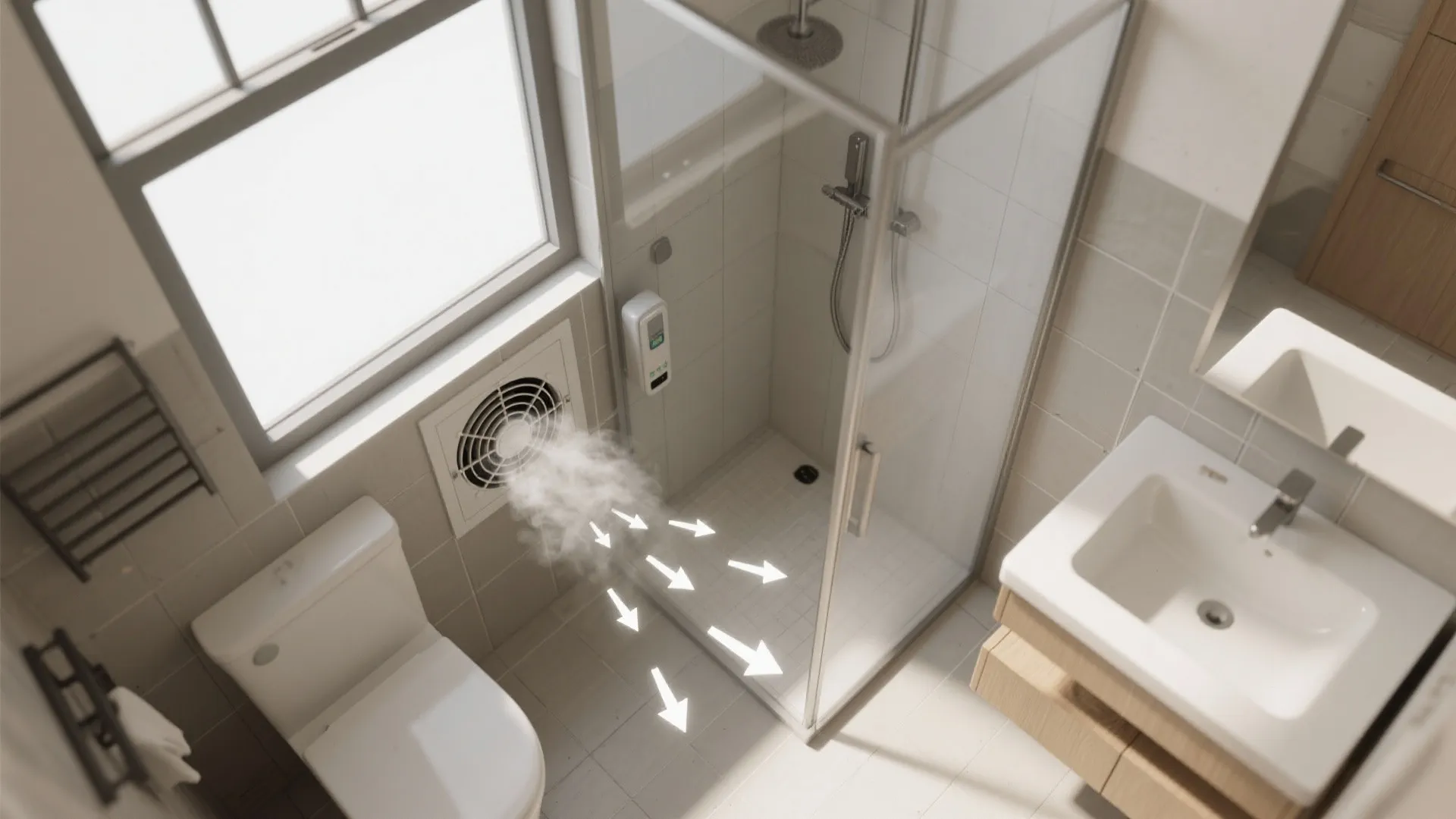 Top view of bathroom showing wall fan moving air from shower area towards toilet and sink