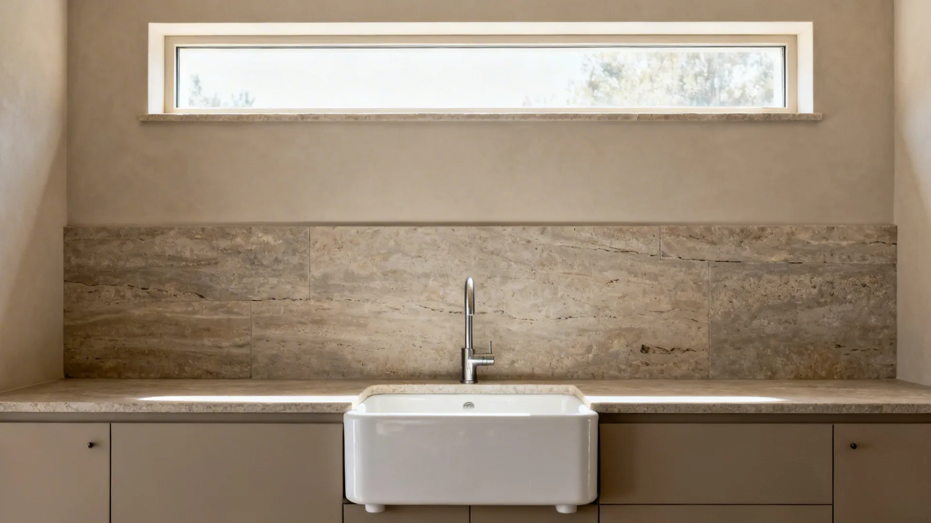 Clerestory window above a seamless slab backsplash with a deep apron-front sink.