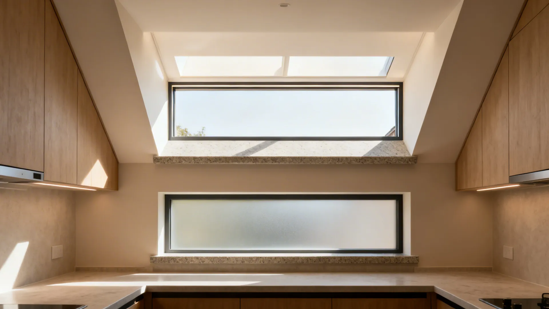 Kitchen with clerestory band and frosted backsplash window delivering diffuse light and privacy.