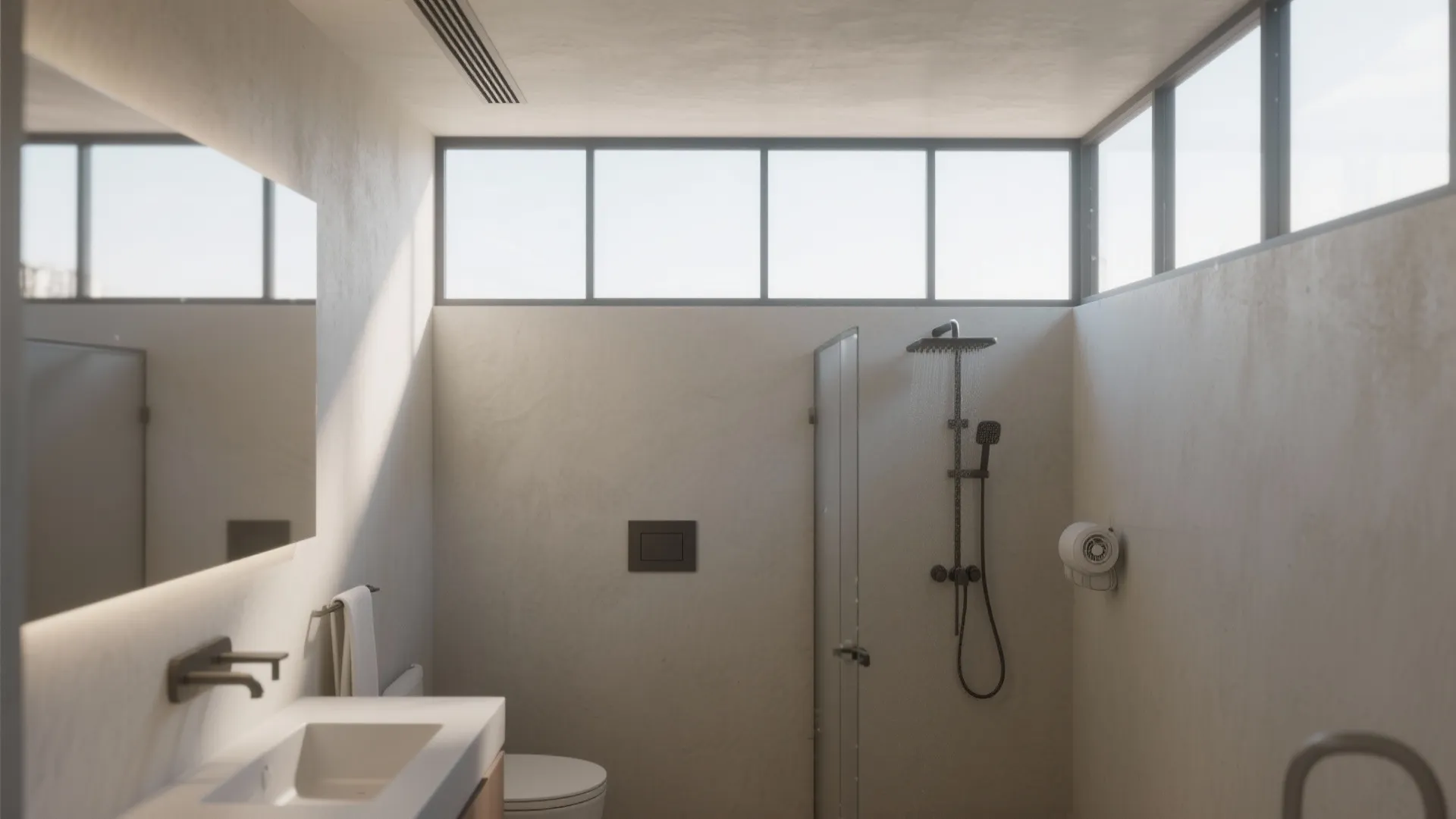 Modern bathroom with high wall windows allowing natural light onto white sink toilet and shower