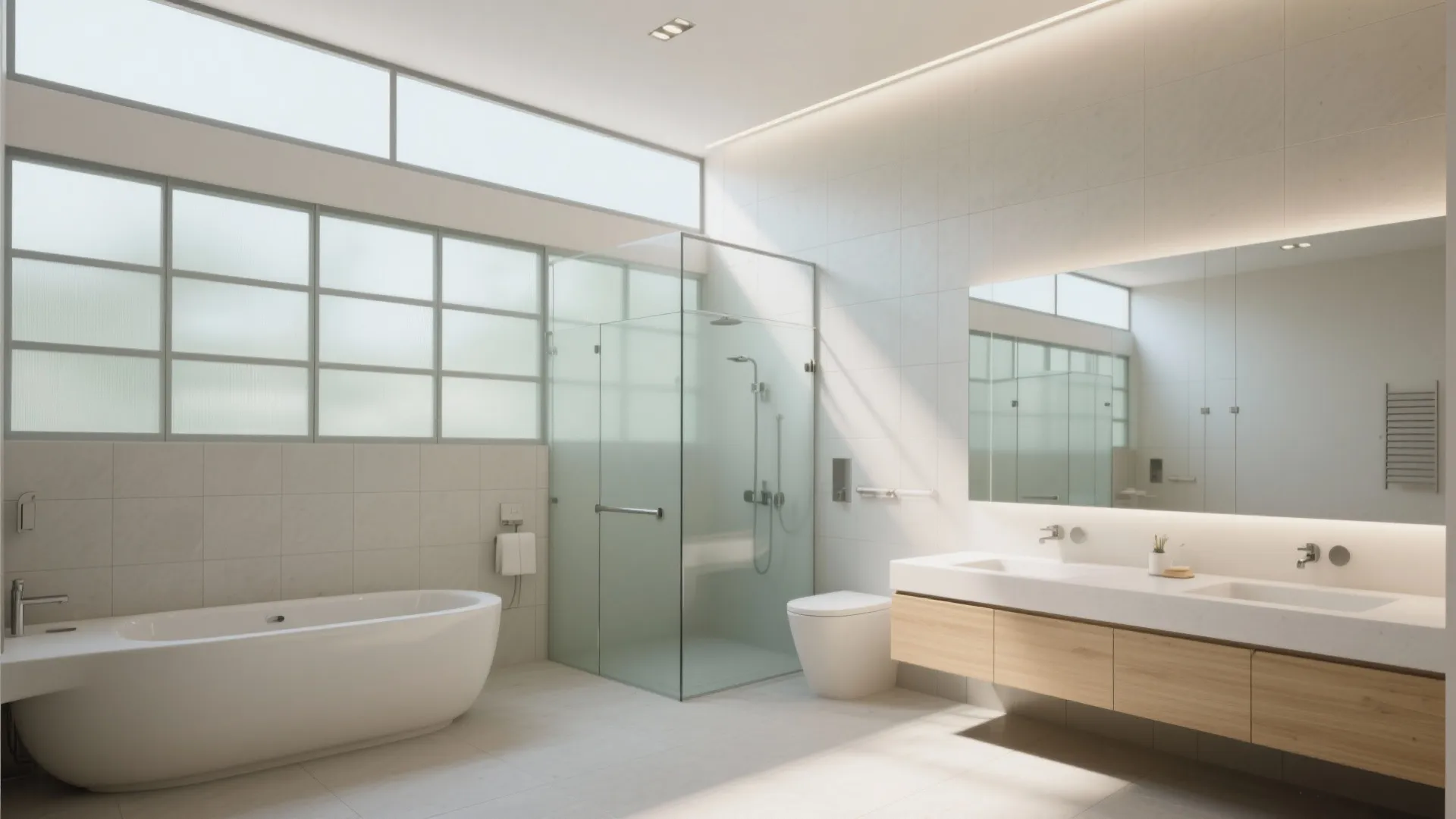 Modern bright bathroom with white bathtub glass shower toilet wooden cabinet large mirror and high windows
