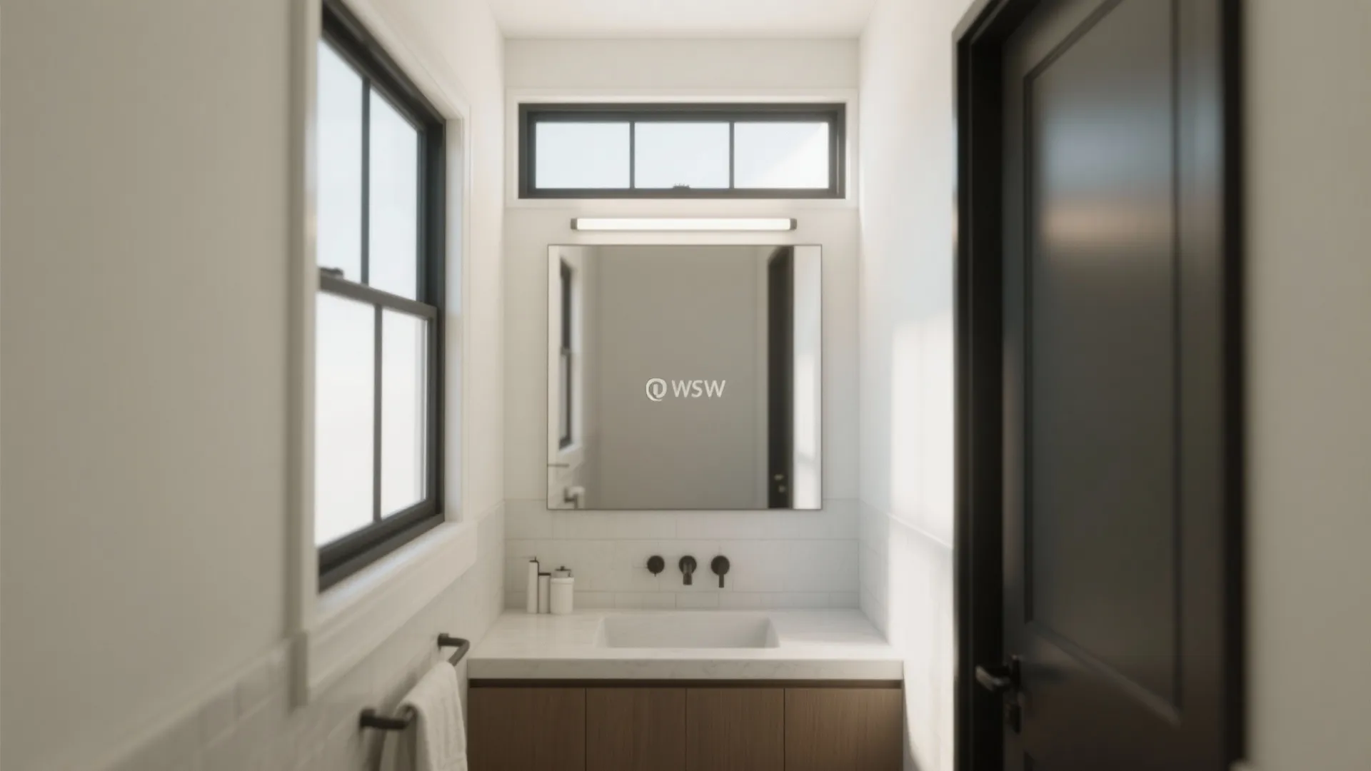 Narrow bathroom with a slim clerestory window above eye level and a large mirror reflecting soft daylight.