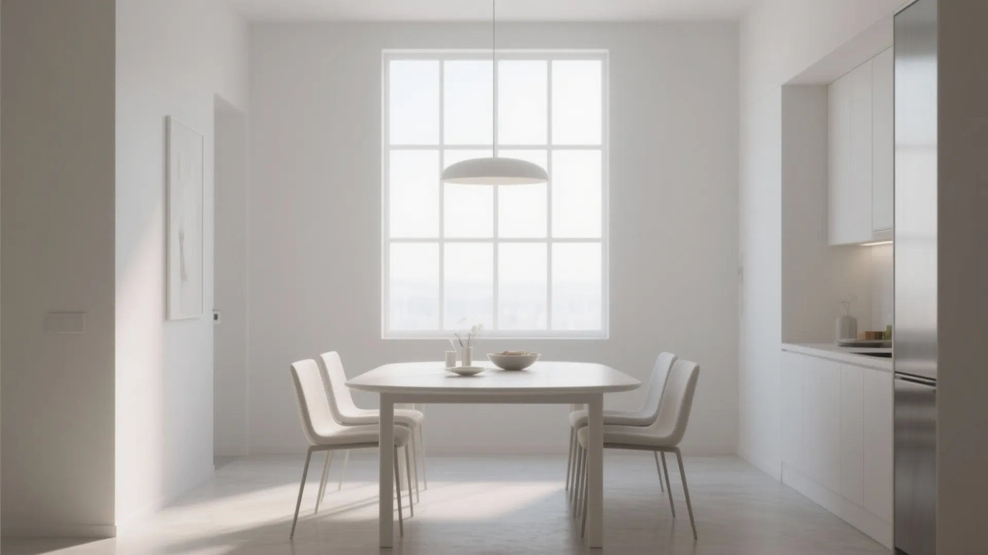 Minimalist dining room with high clerestory windows