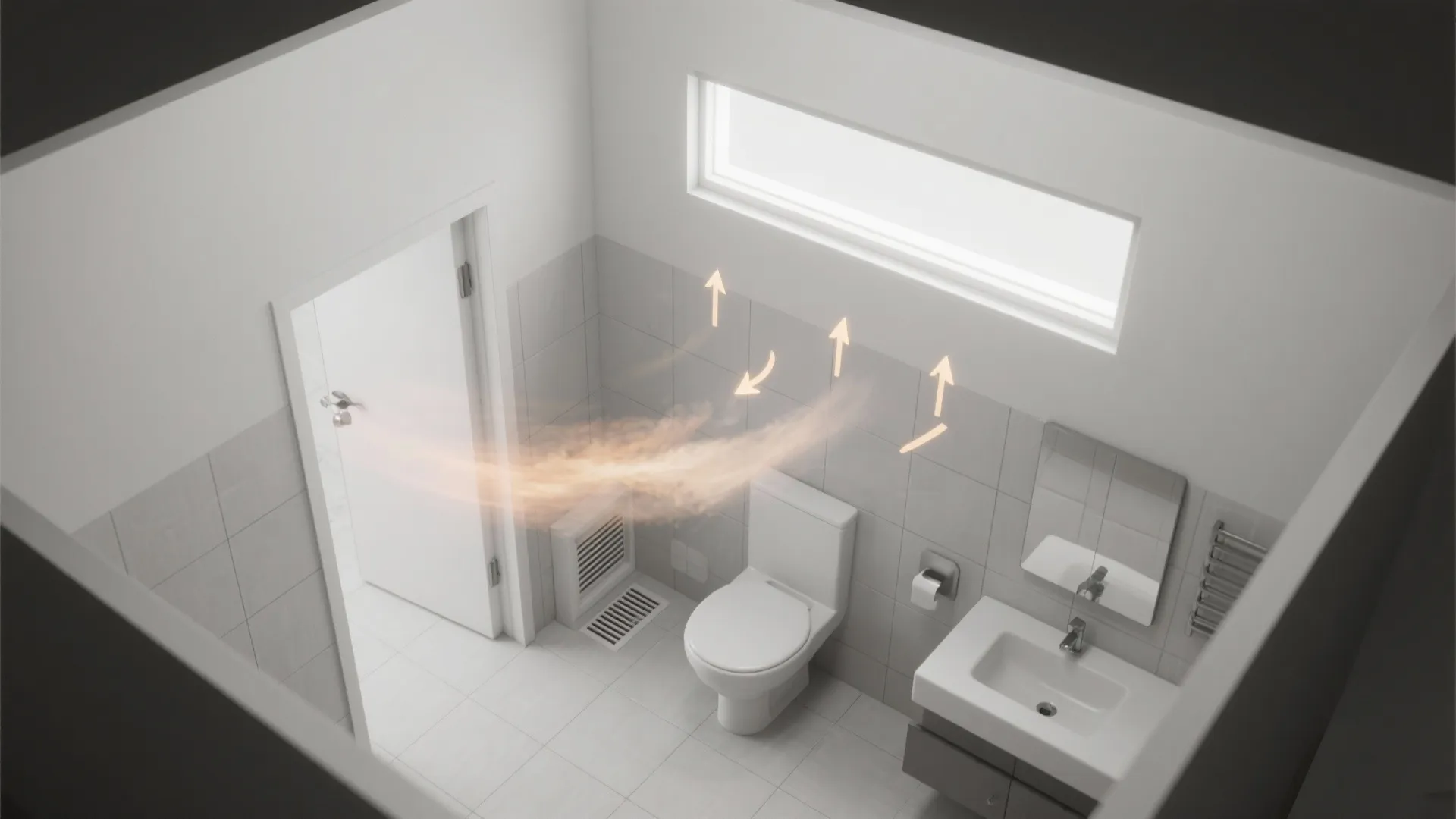 White bathroom interior showing air flow arrows moving steam toward a small high wall window