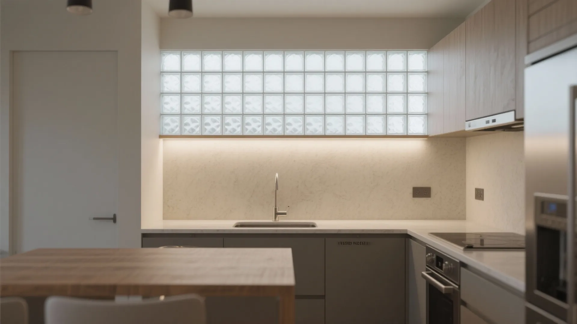 Glass block clerestory strip above a partial wall