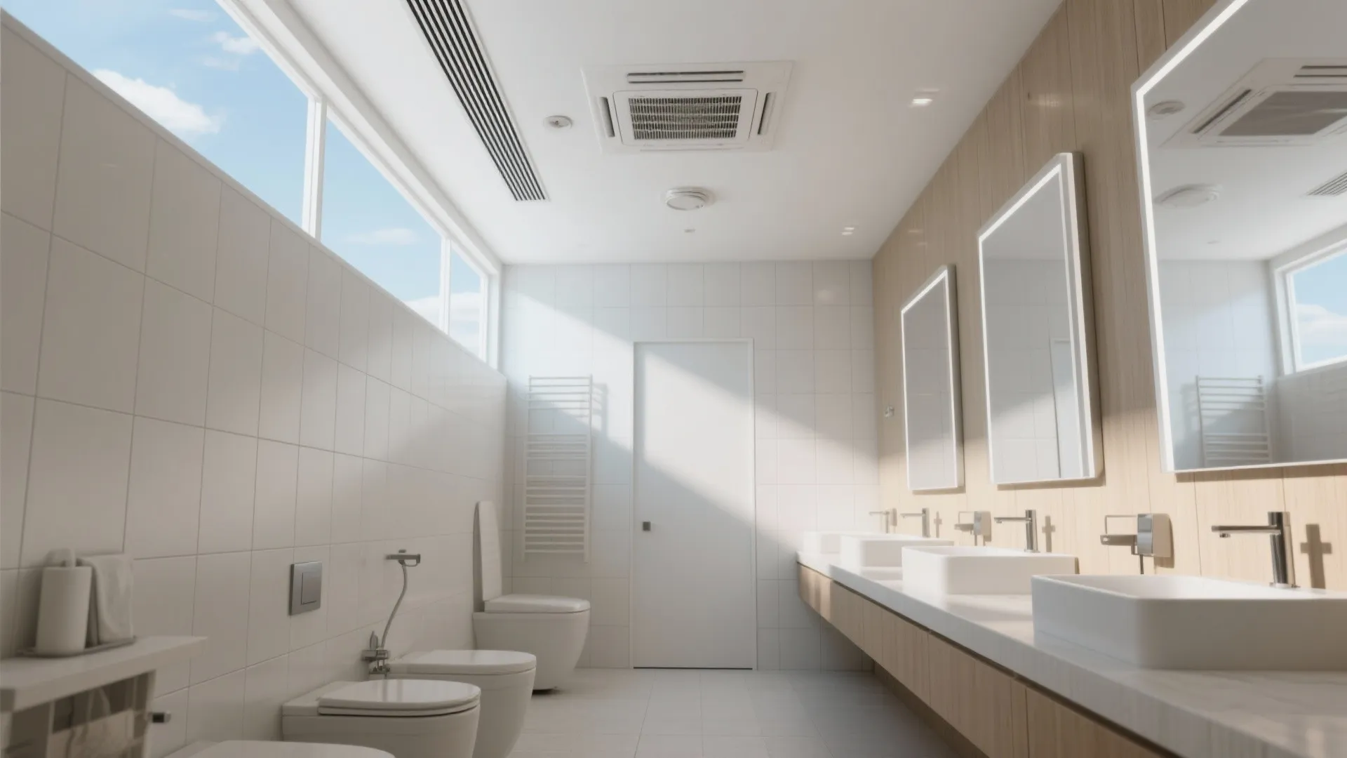 Bright white bathroom with three sinks wooden cabinet two toilets and high ceiling windows layout