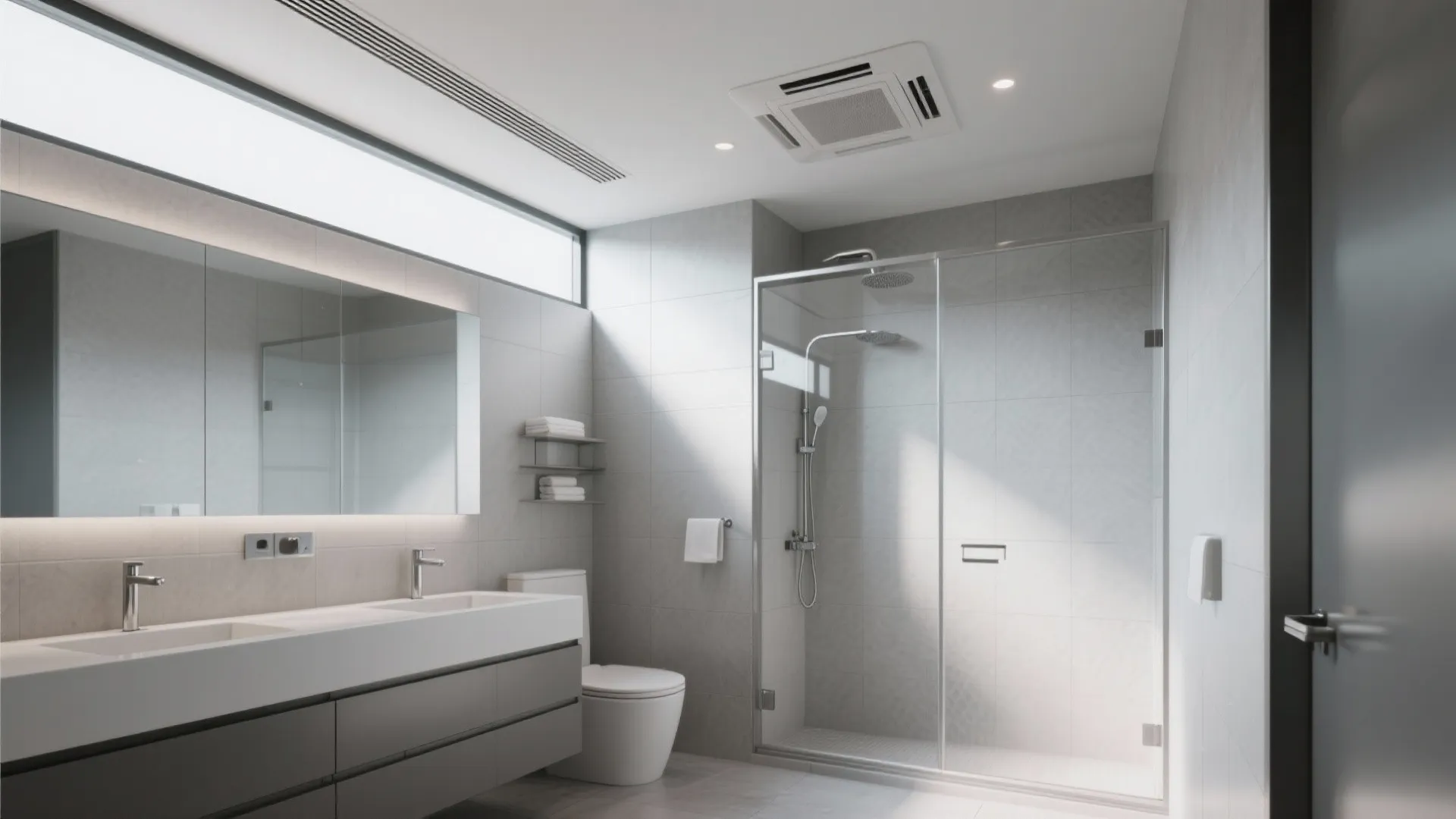 Modern grey bathroom interior design with double sinks large mirror glass shower and white ceiling light