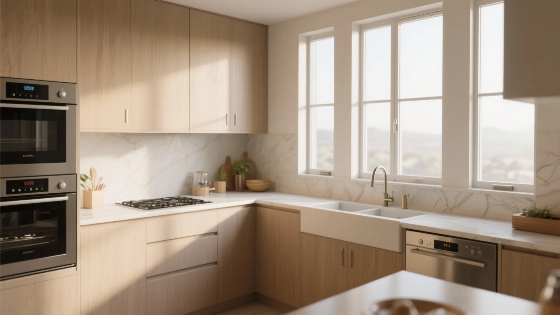 Modern wood kitchen with white marble counter top large windows double sink and built in oven