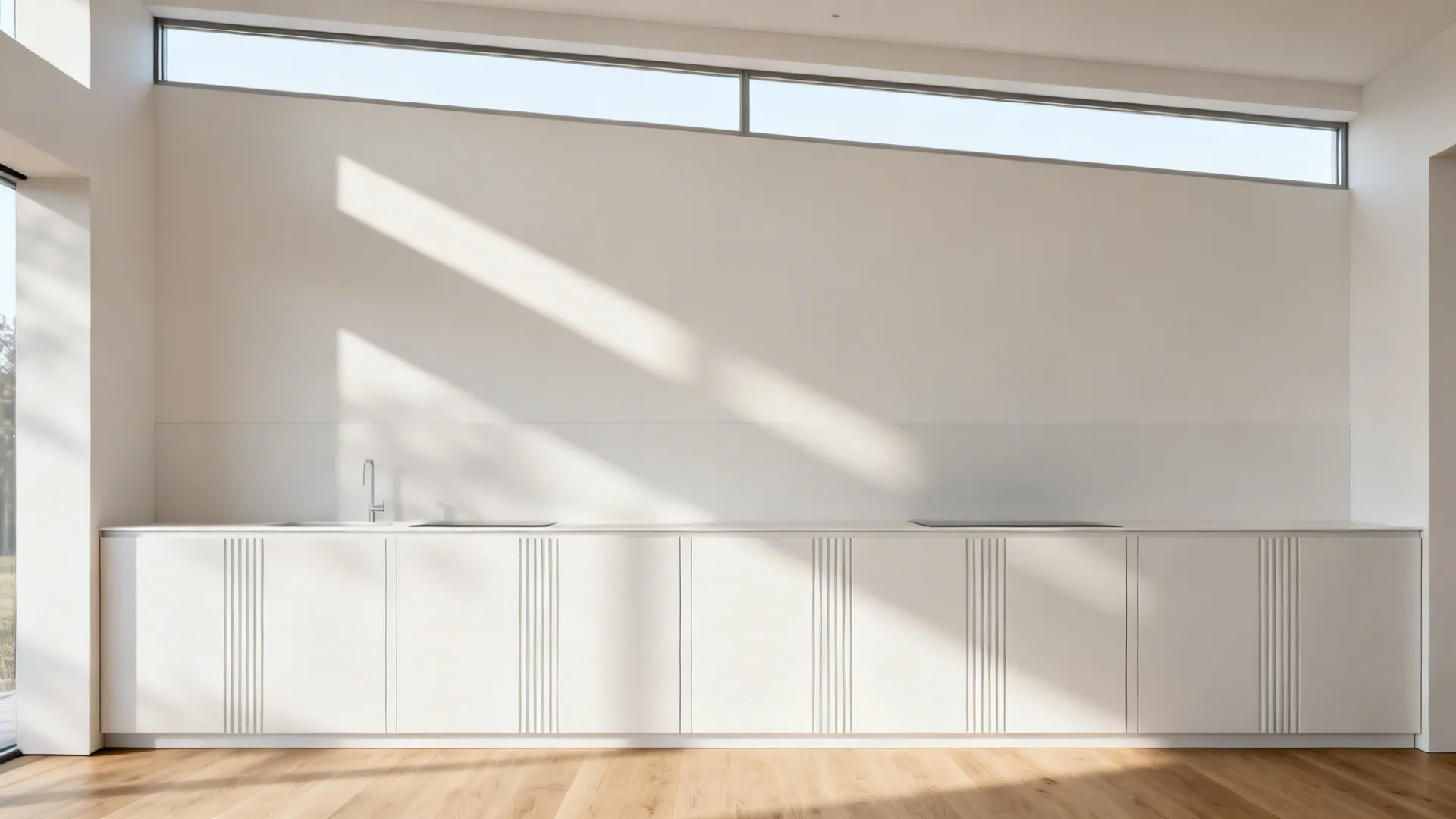 Compact kitchen with high clerestory strip windows casting soft, even daylight over tall cabinets.
