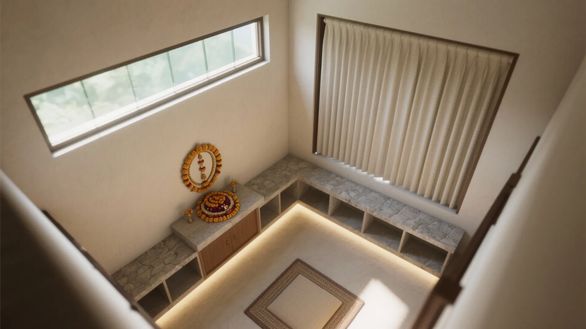 Top-down view of a pooja room layout with a clerestory window providing soft top-light.