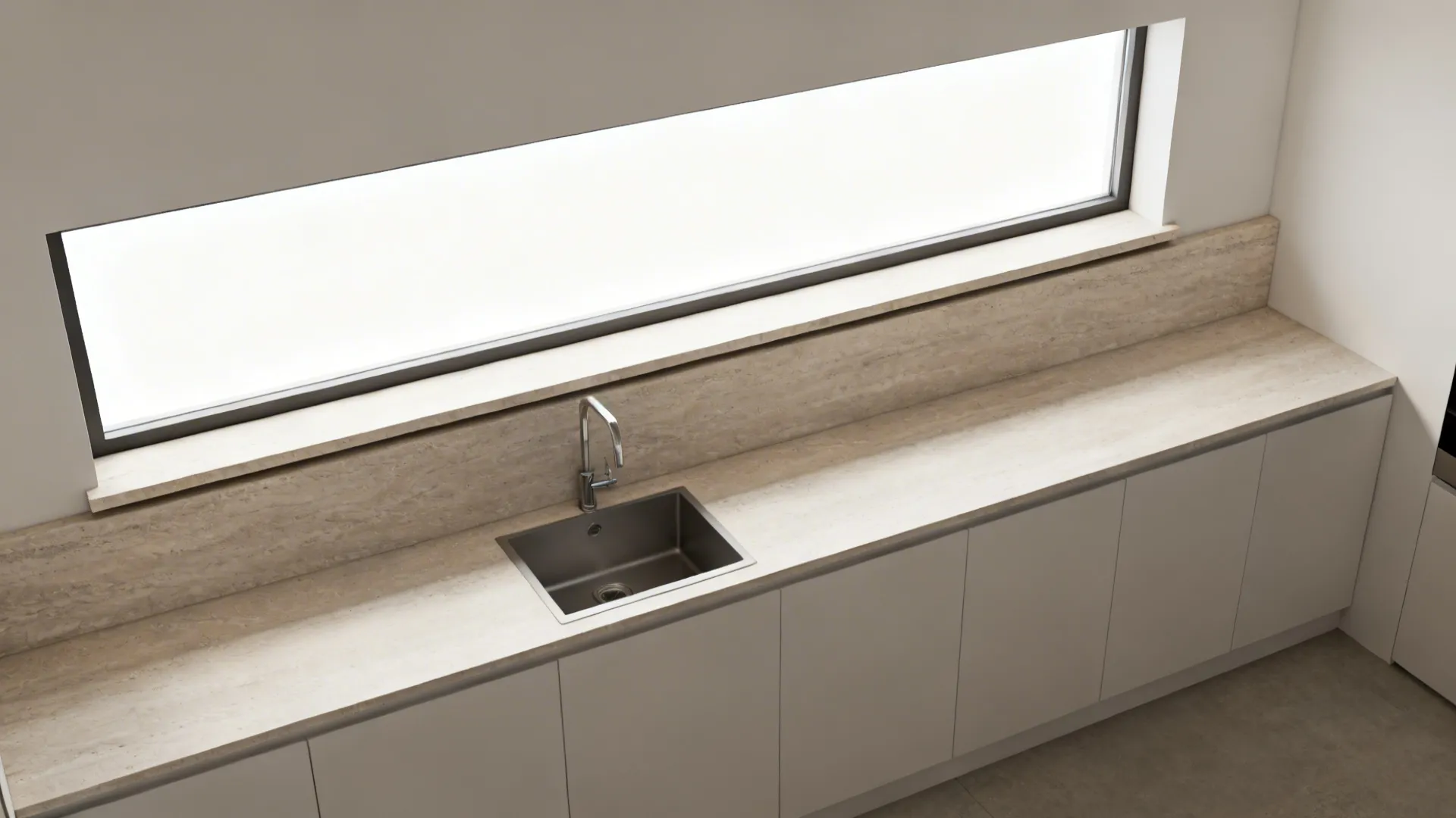 Top-down view showing counter, backsplash, and raised clerestory window alignment.