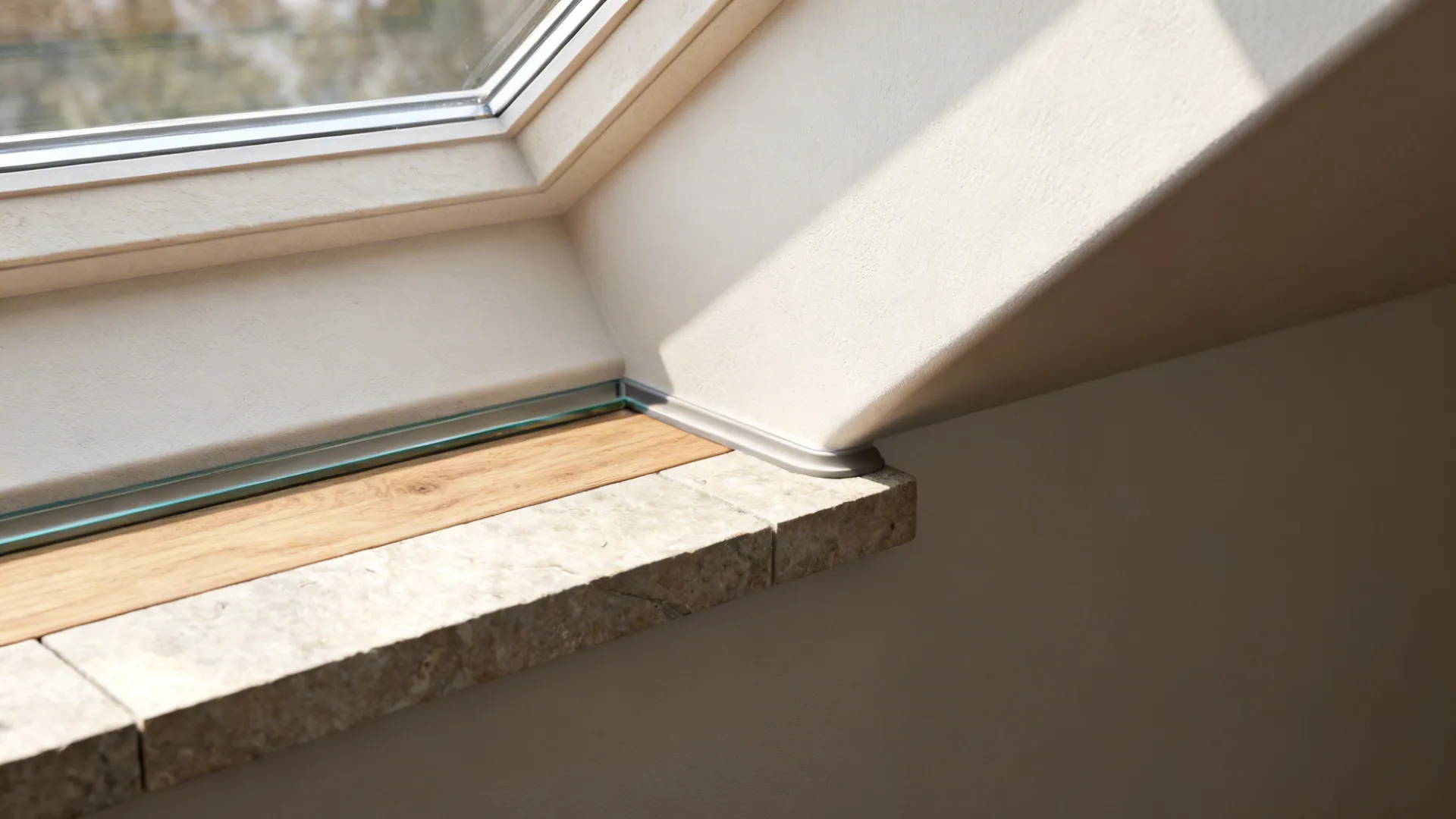 Macro of a pass-through ledge meeting a clerestory glass channel within a smooth plaster arch.