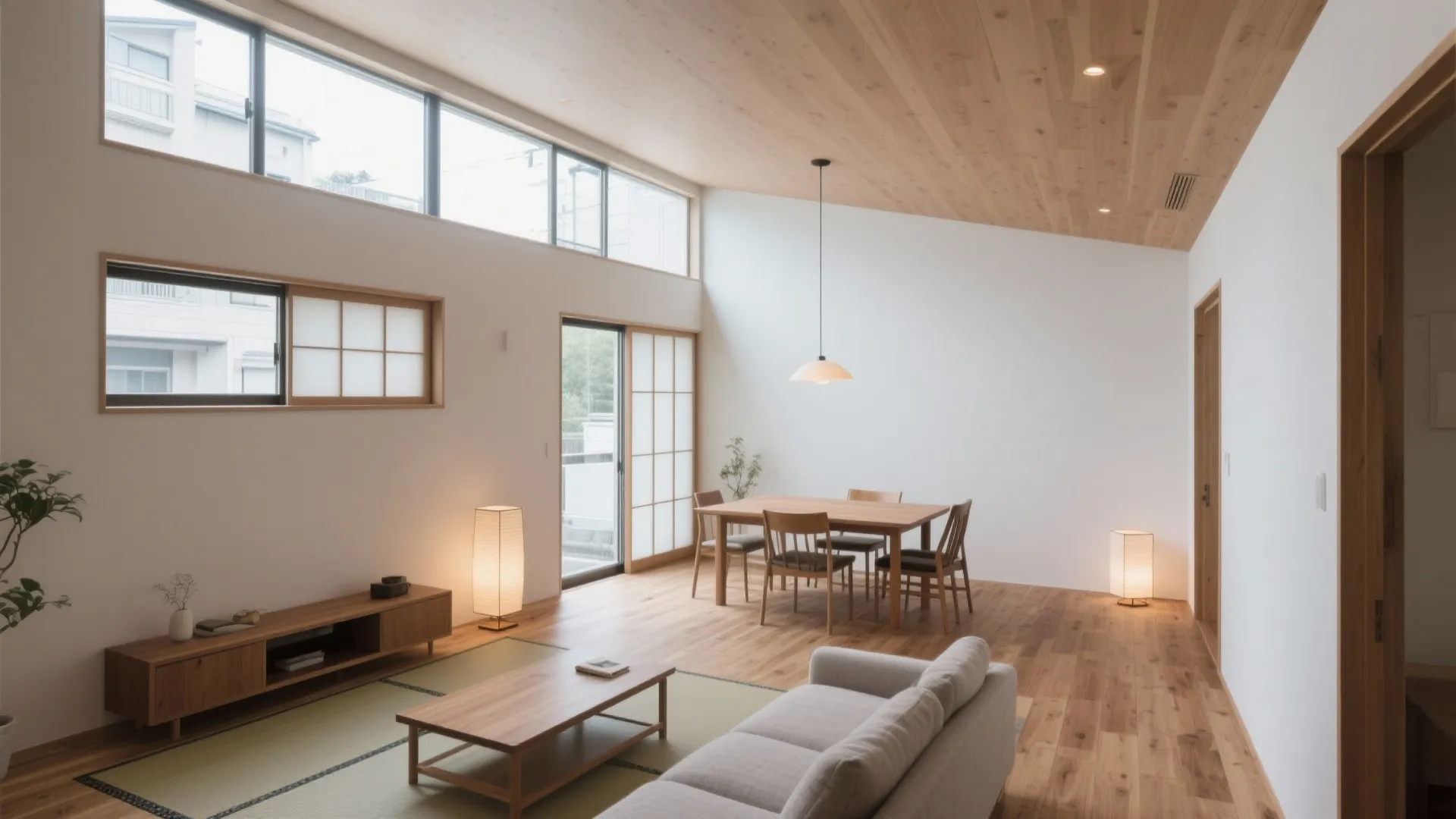 光と視線で“抜け”をつくる：低い勾配天井＋ハイサイドライト（收纳技巧・日本都市）