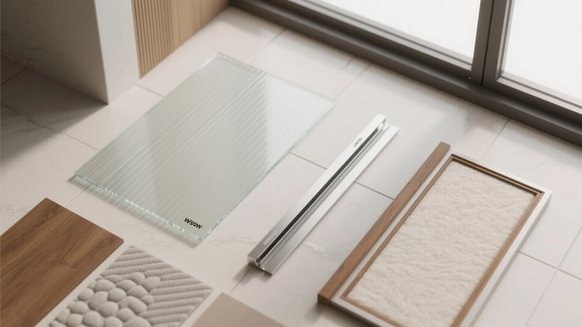 Flat lay with frosted and reeded glass swatches, frame profiles, tiles, wood accents, and insulation.