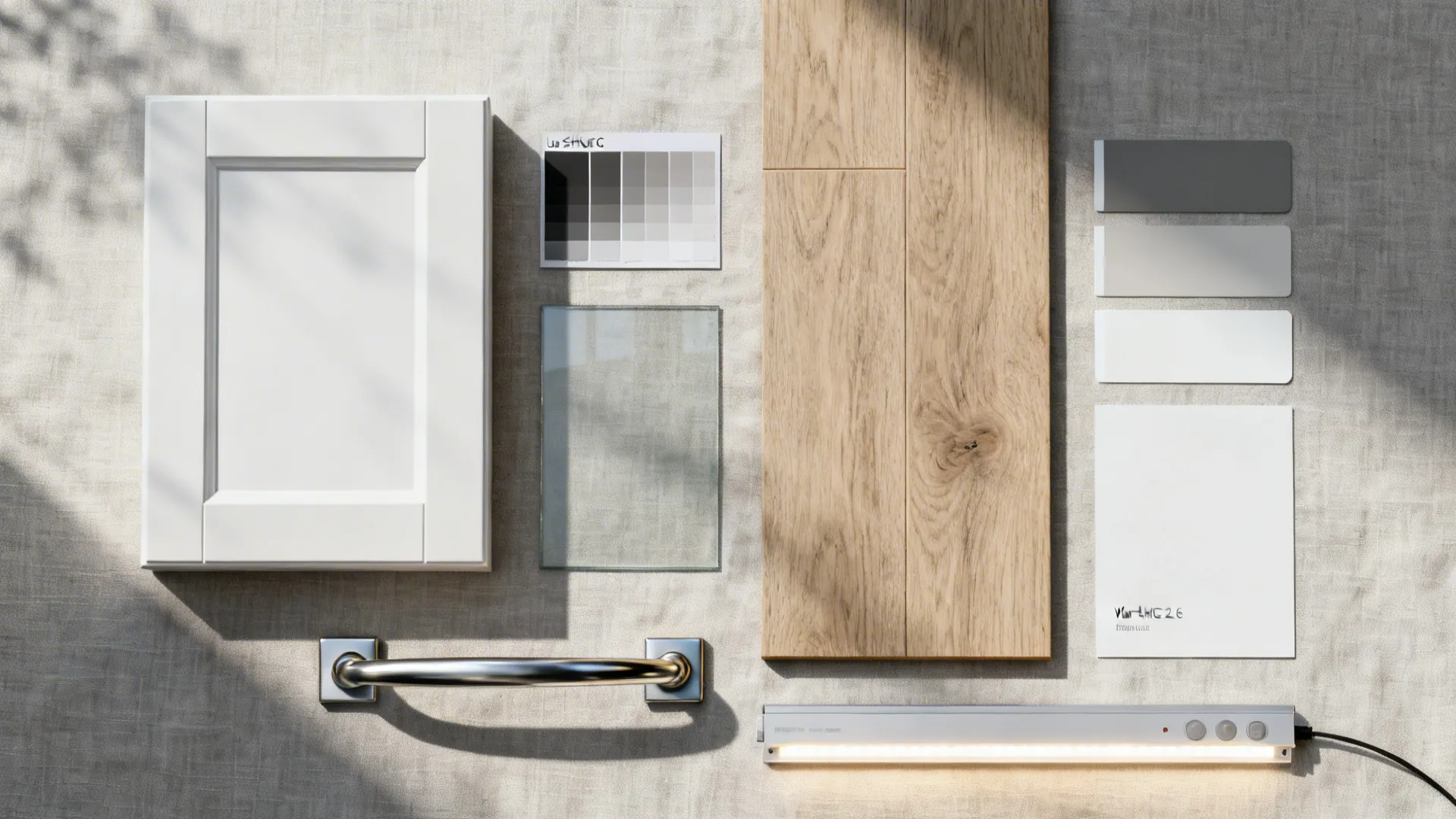 Material flat lay with low-E glass swatch, matte white cabinet sample, oak floor, LED strip, and neutral paints.