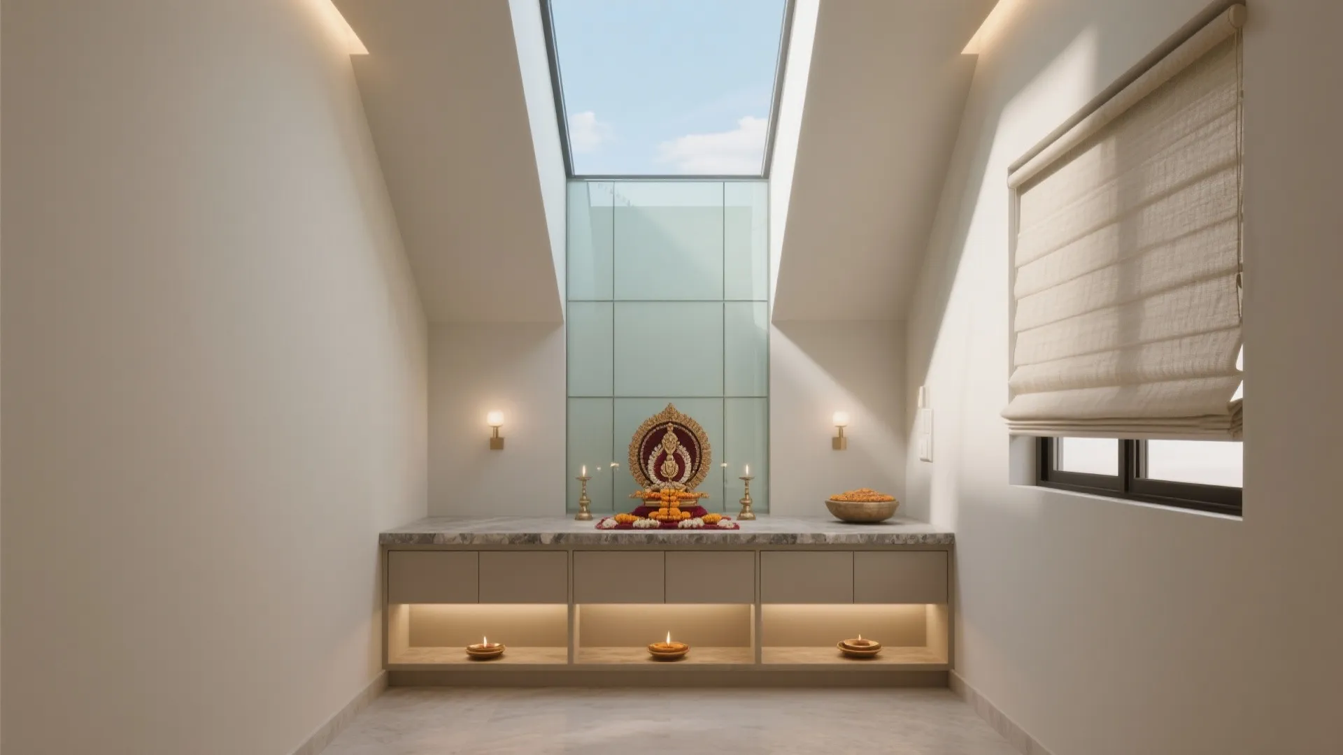 Small pooja room with a high clerestory window casting soft skylight over the altar.