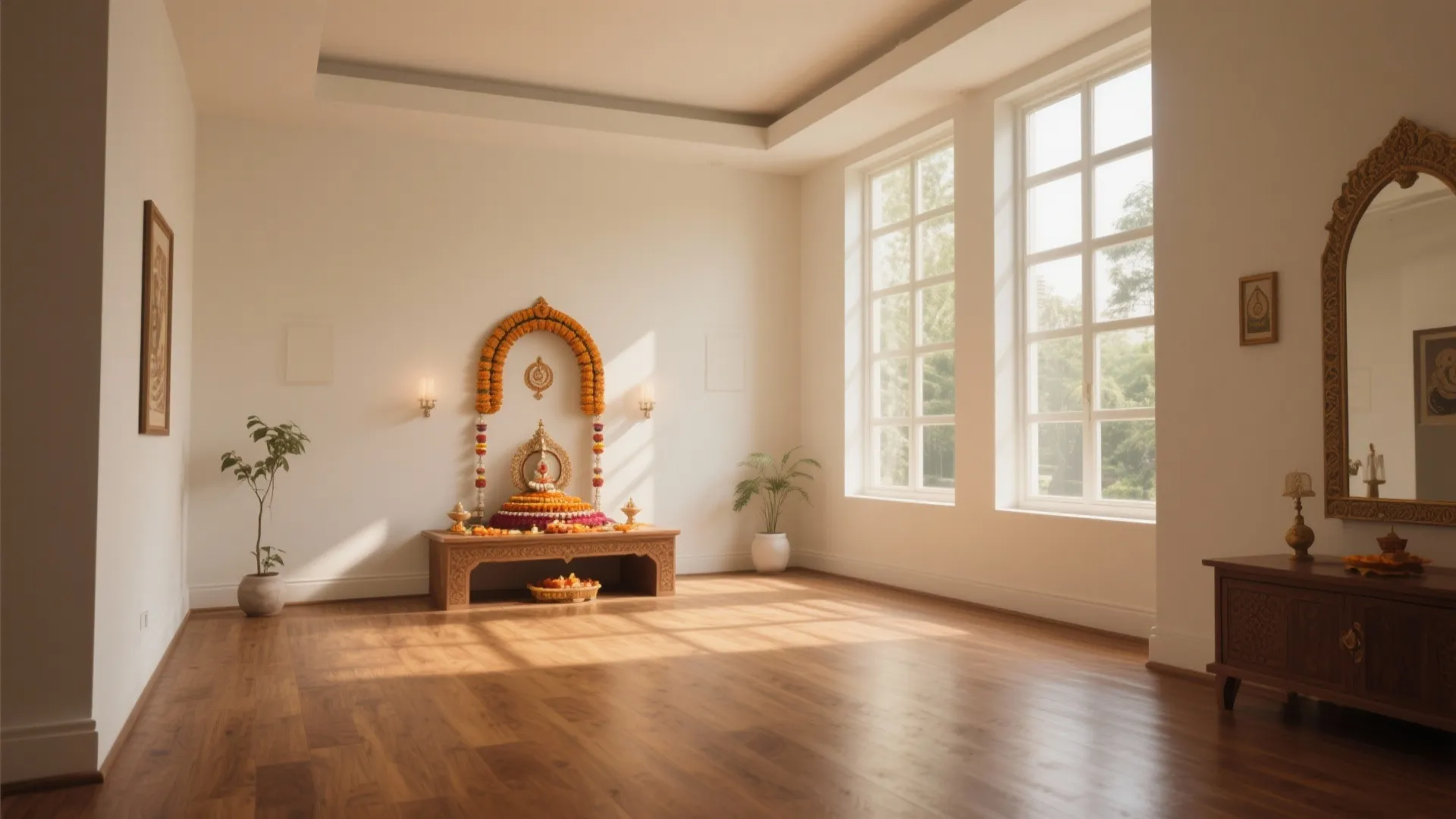 Bright prayer room featuring wood floor large windows flower arch cabinet and warm sunlight hitting floor