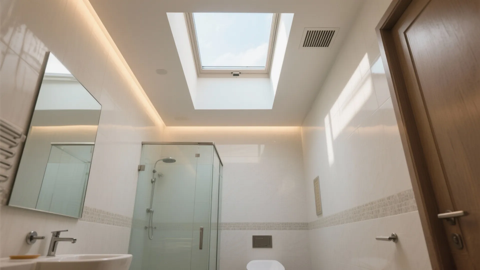Modern white bathroom with glass shower door sink mirror and a large square roof window above