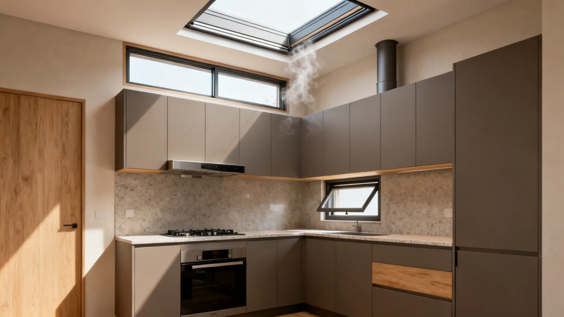 Modern kitchen with grey cabinets oven stove and steam rising toward an open roof window