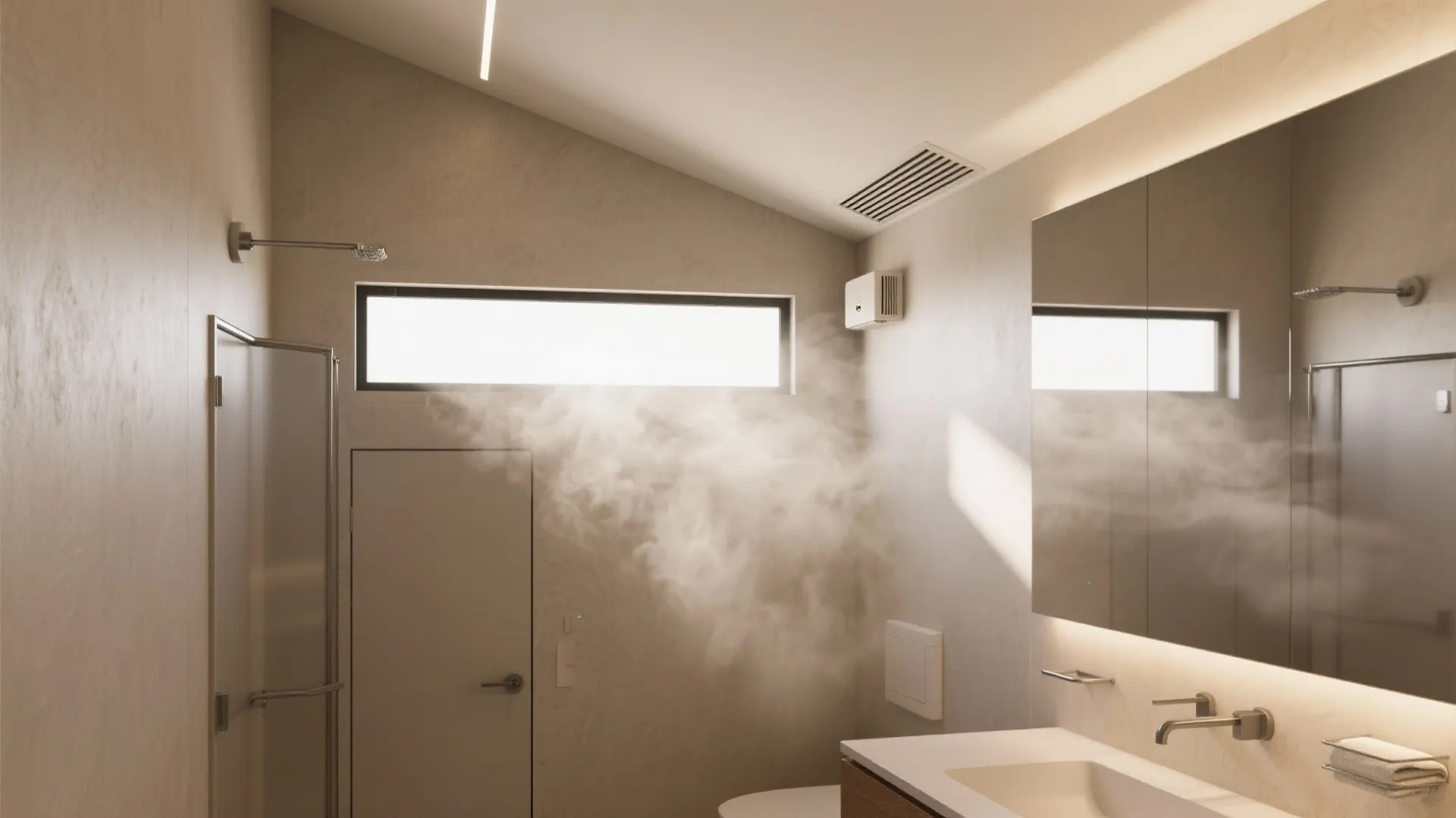 Modern bathroom interior with steam and a small horizontal window near the high sloped ceiling