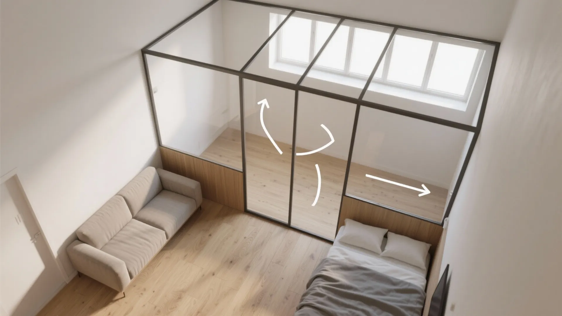 Small apartment room layout with glass wall partition sofa bed wooden floor and roof window