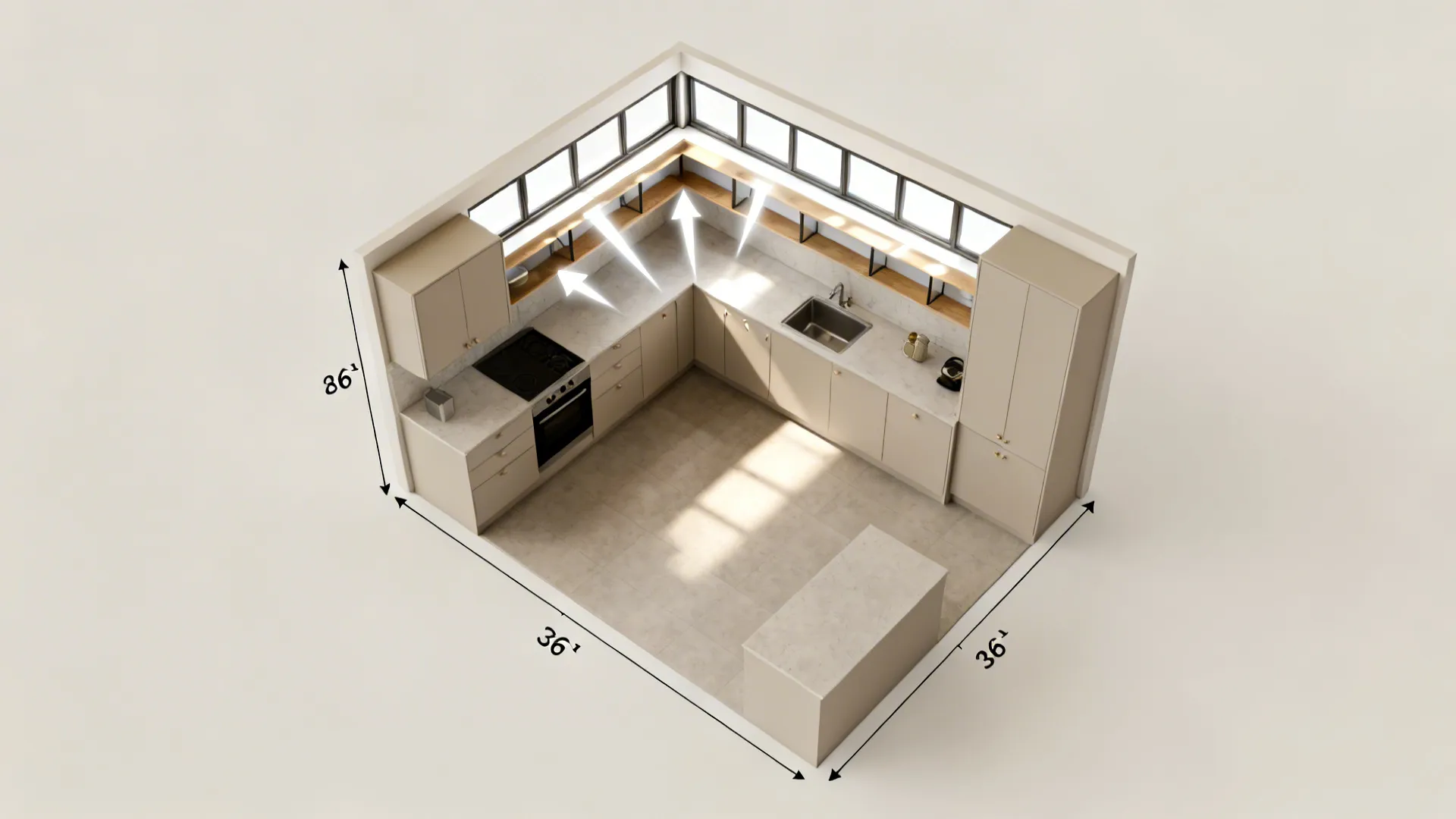 Top-down layout showing clerestory corner window and clear circulation paths.