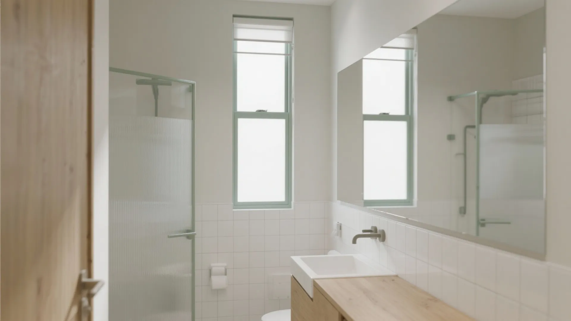 Minimalist white bathroom with tiled walls wooden cabinet white sink mirror and a tall window
