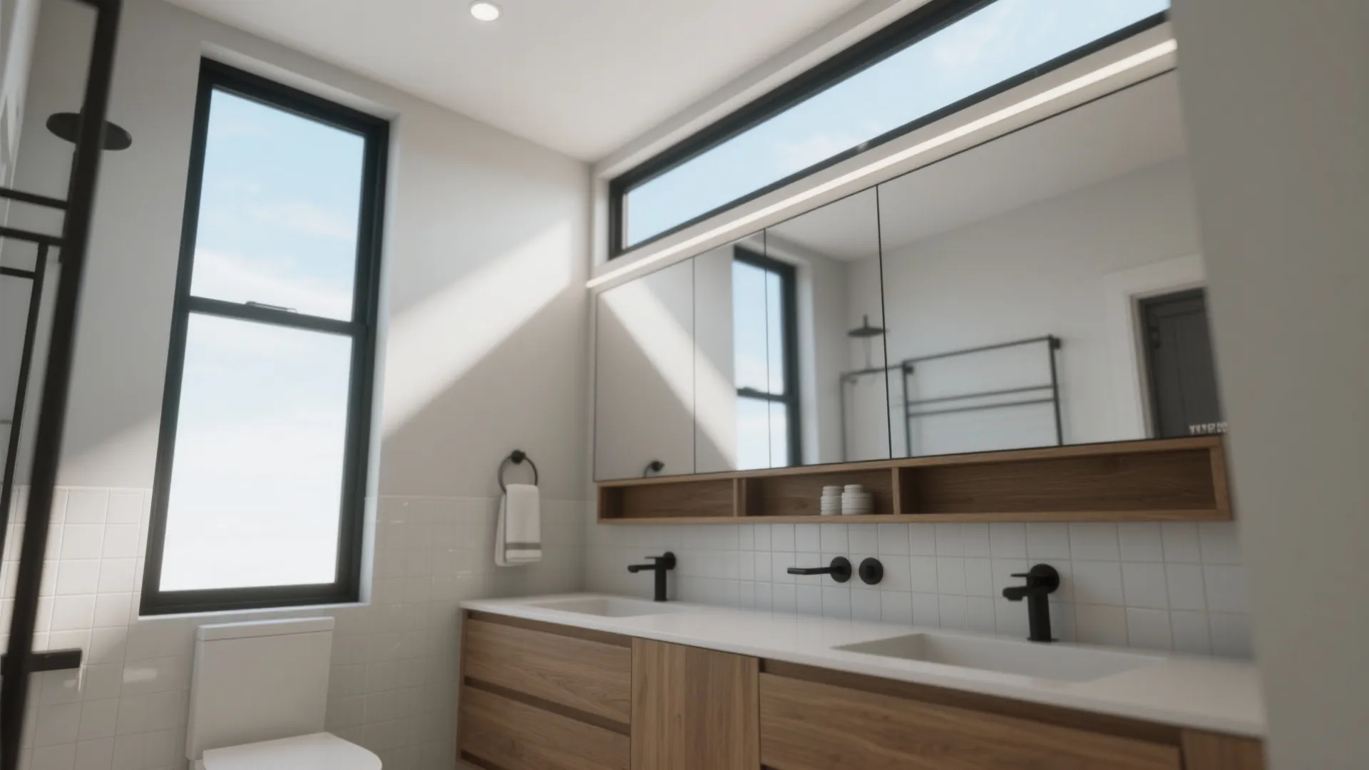 Bright bathroom interior with double sink wooden cabinet large mirror white toilet and black window frames