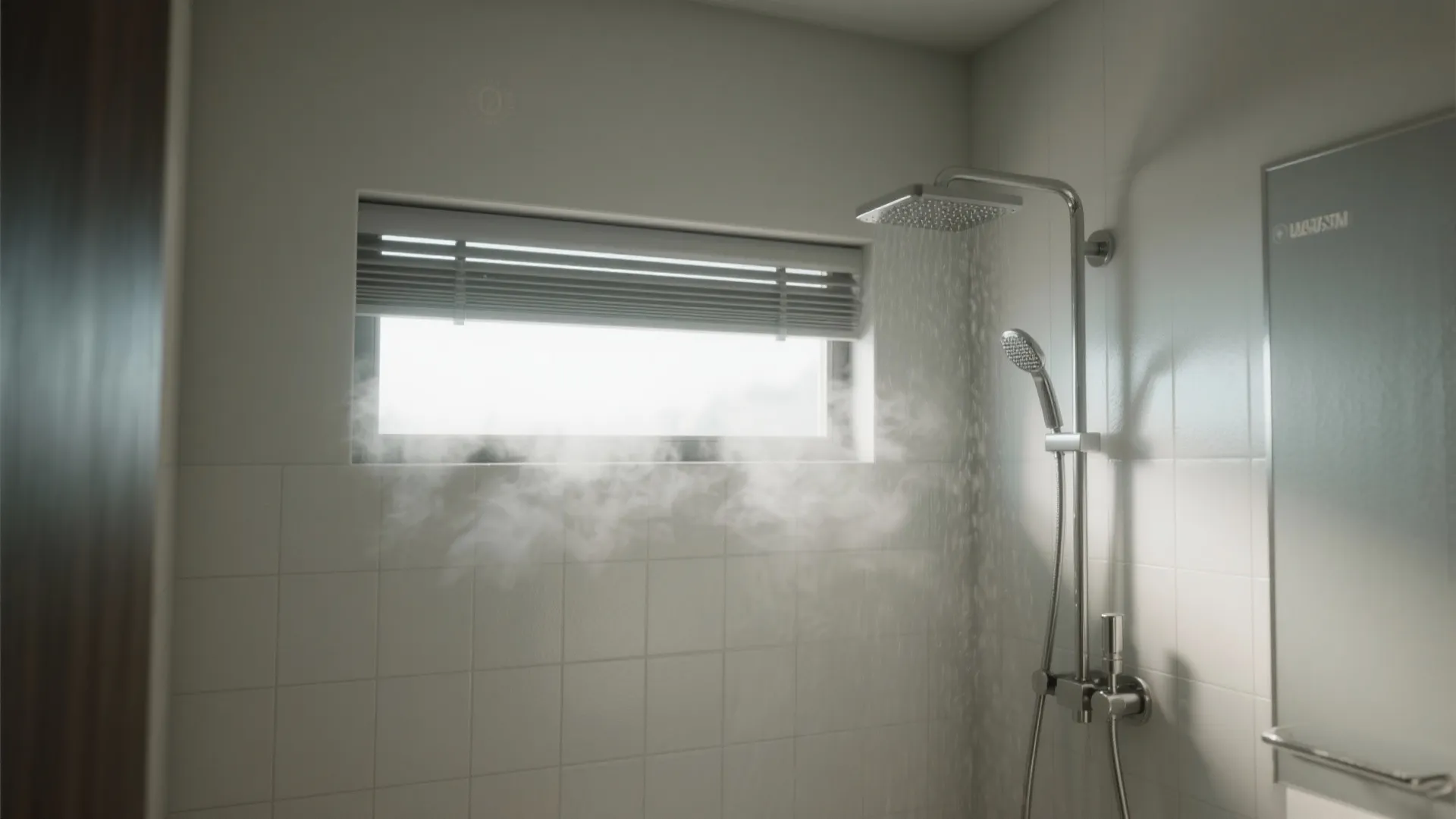 Steamy shower room with water running from a light fixture and a small high window