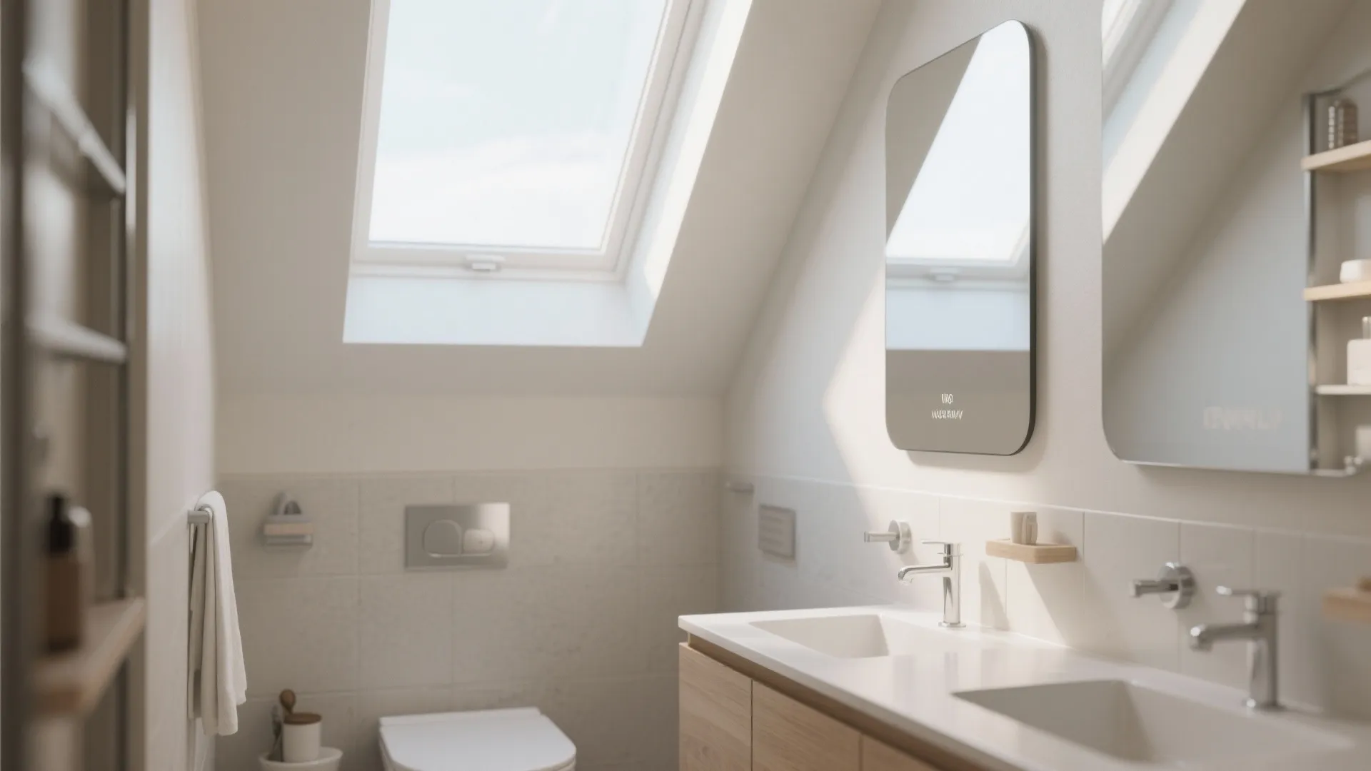 Modern bathroom with roof window, white walls, double sink vanity, mirrors, and bright natural sunlight