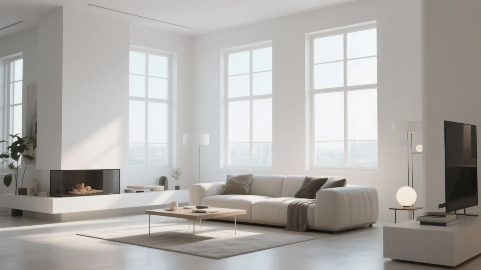 Minimalist white living room with fireplace large windows comfortable white sofa coffee table and floor lamp