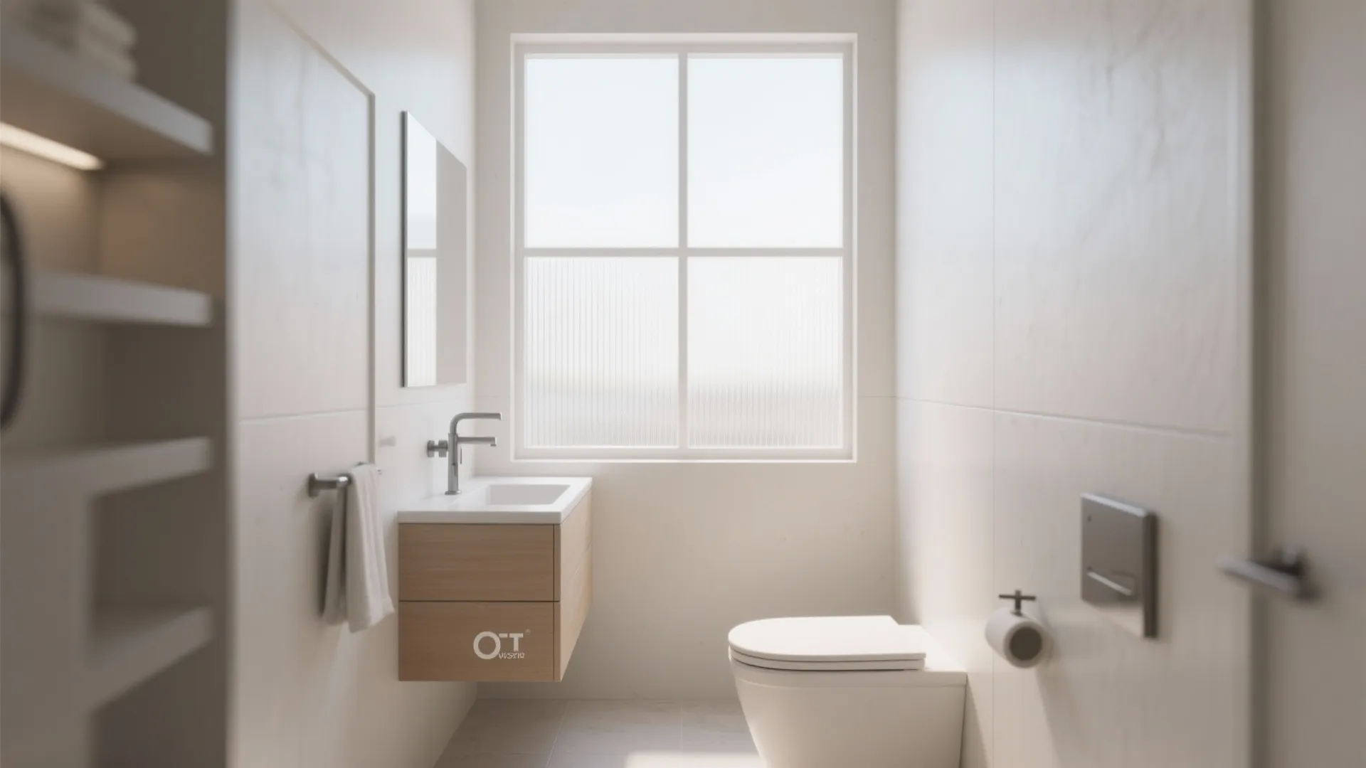Minimalist white bathroom with small wooden cabinet, square window, white toilet, and simple wall mirror