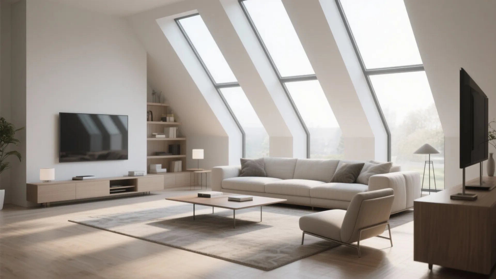 Bright attic living room with large roof windows white sofa television and wooden storage cabinet