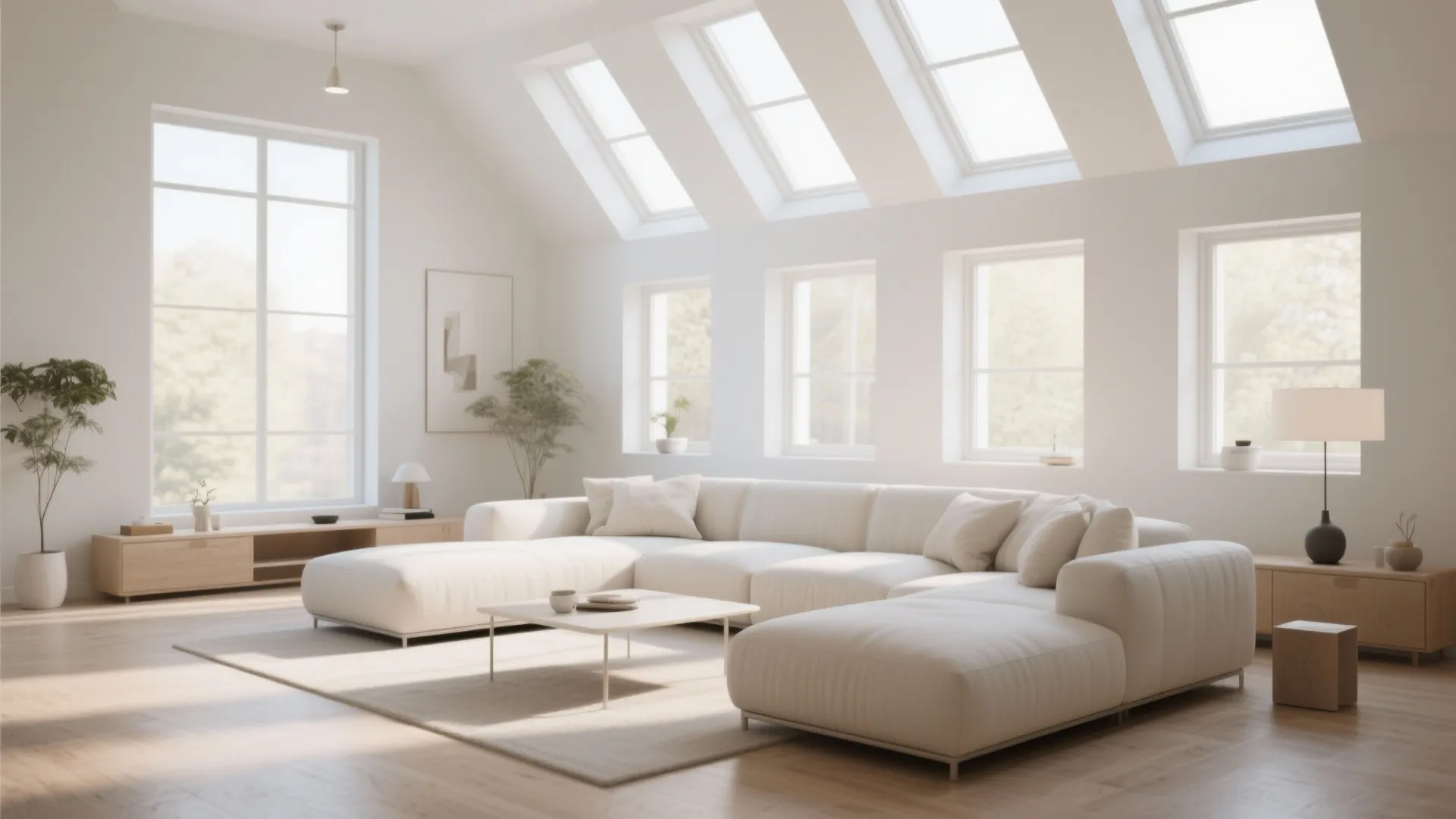 Bright living room with white sofa wooden floor small coffee table and several angled roof windows