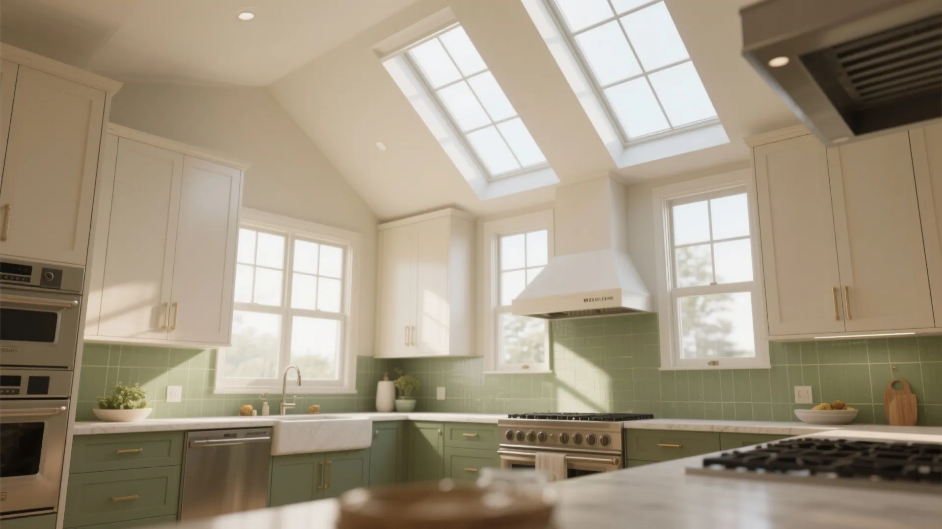 Bright green kitchen with white cabinets featuring two large roof windows for plenty of natural light