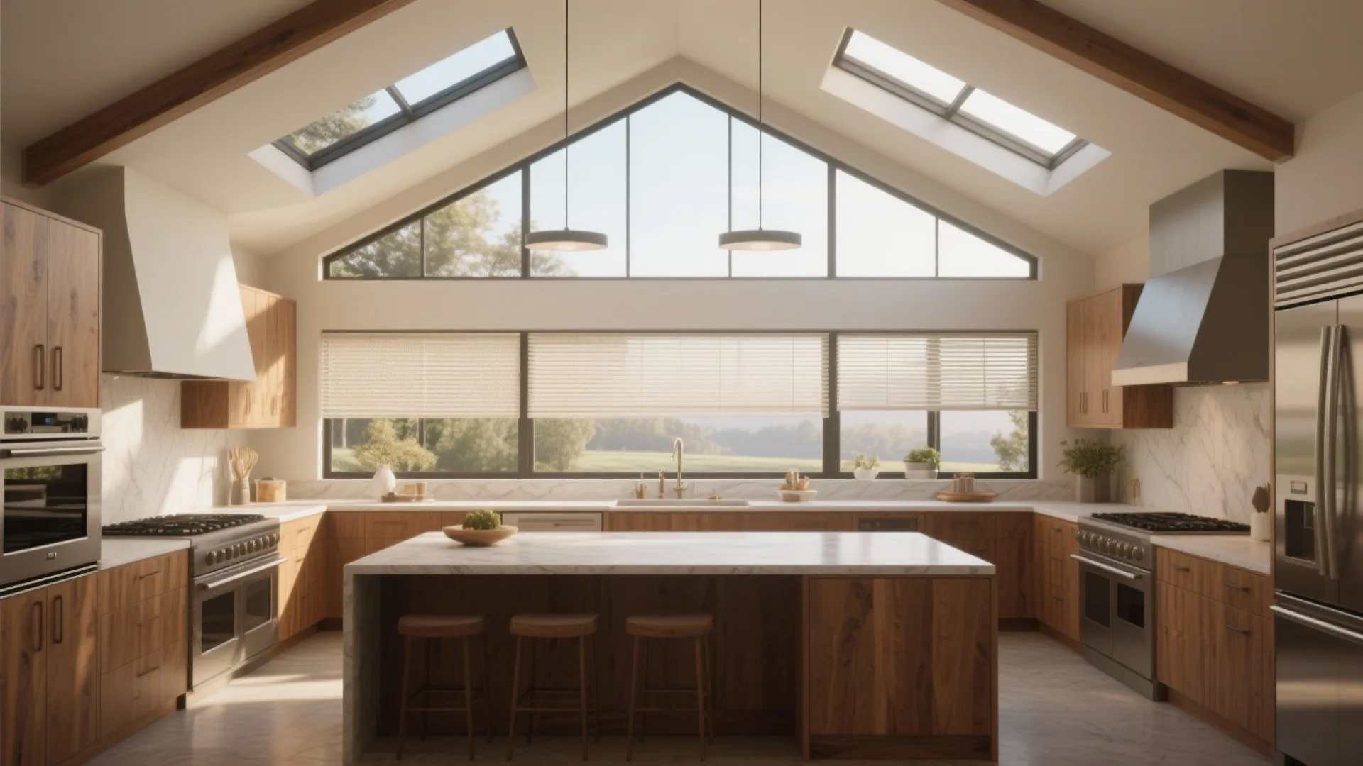 Vaulted kitchen with clerestory windows and lower glazing letting natural light flood the space.