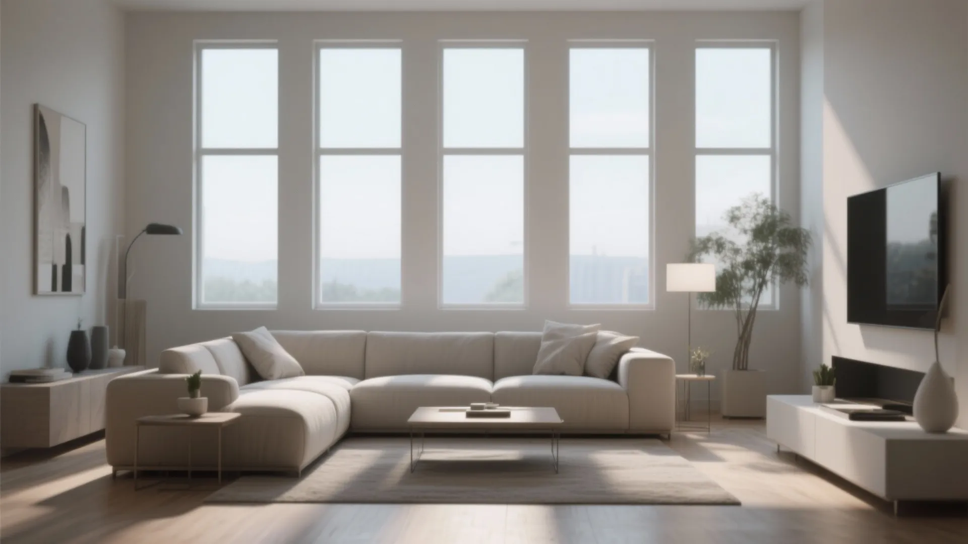Modern living room with large vertical windows white sofa coffee table rug and wall tv