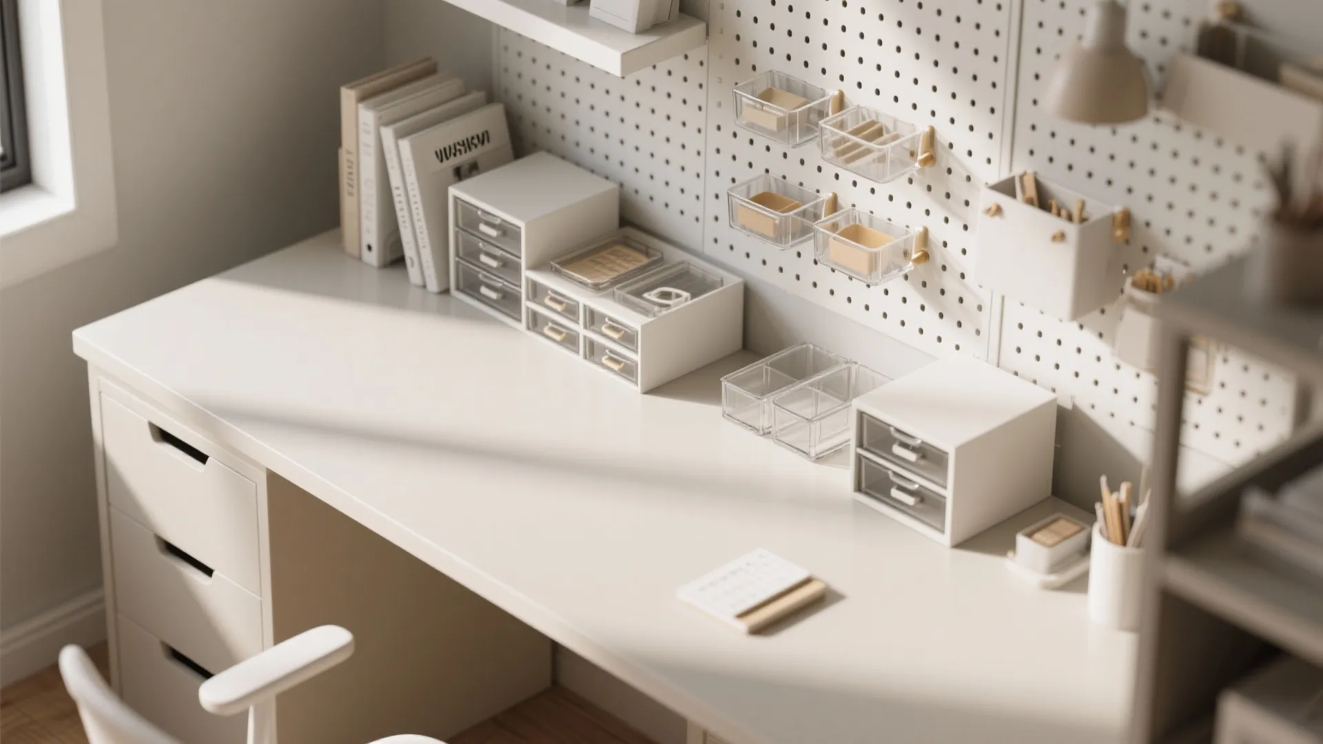 Clean white home office desk with small storage drawers and wall board for organized stationery