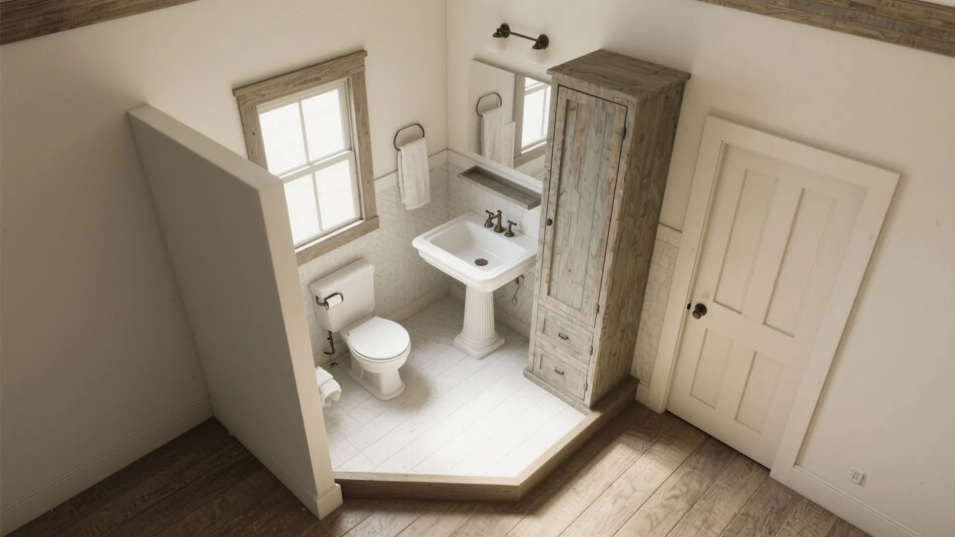 Small bathroom floor plan layout featuring white pedestal sink toilet wooden cabinet window and white door