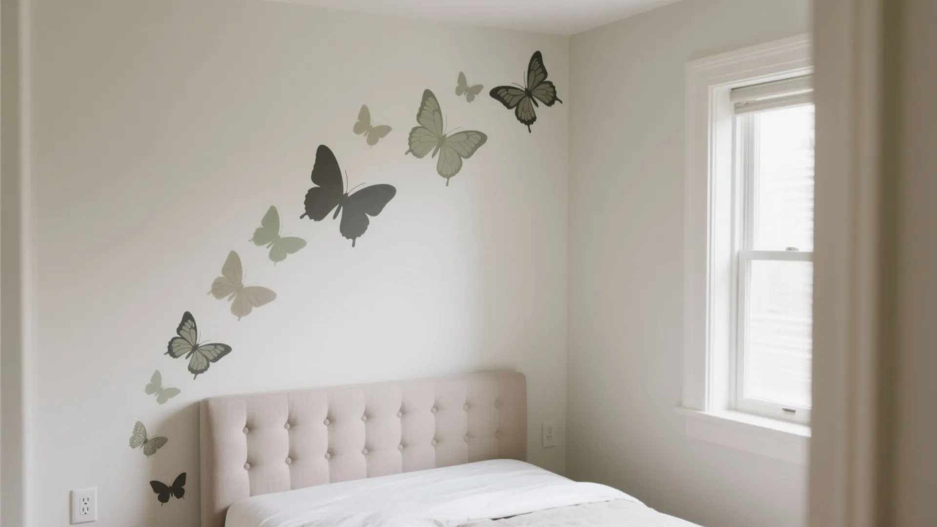 Bedroom with beige headboard white bedding window and butterfly wall stickers on a white wall