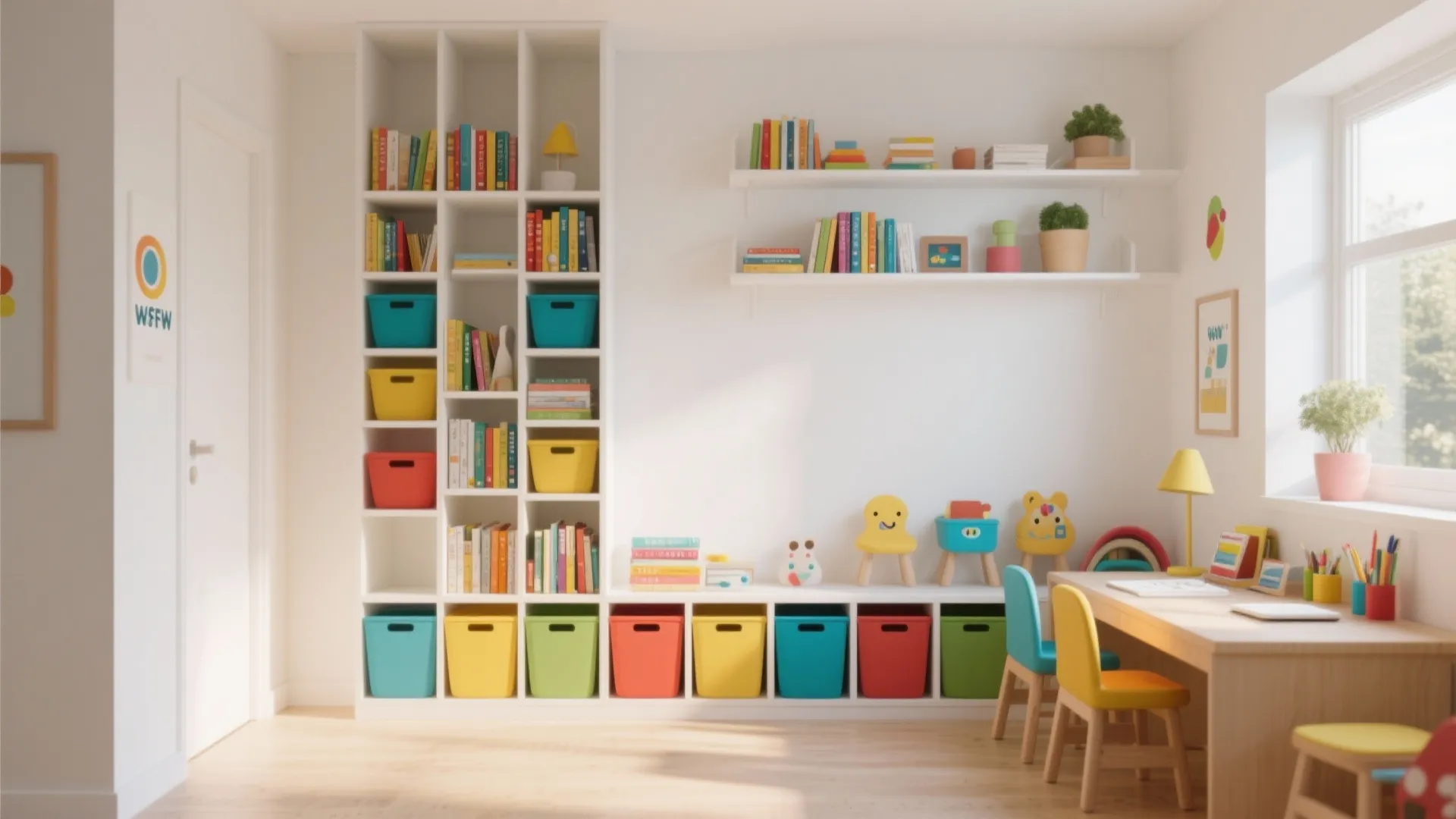 White bookshelf with colorful storage bins next to a wooden desk in a bright room