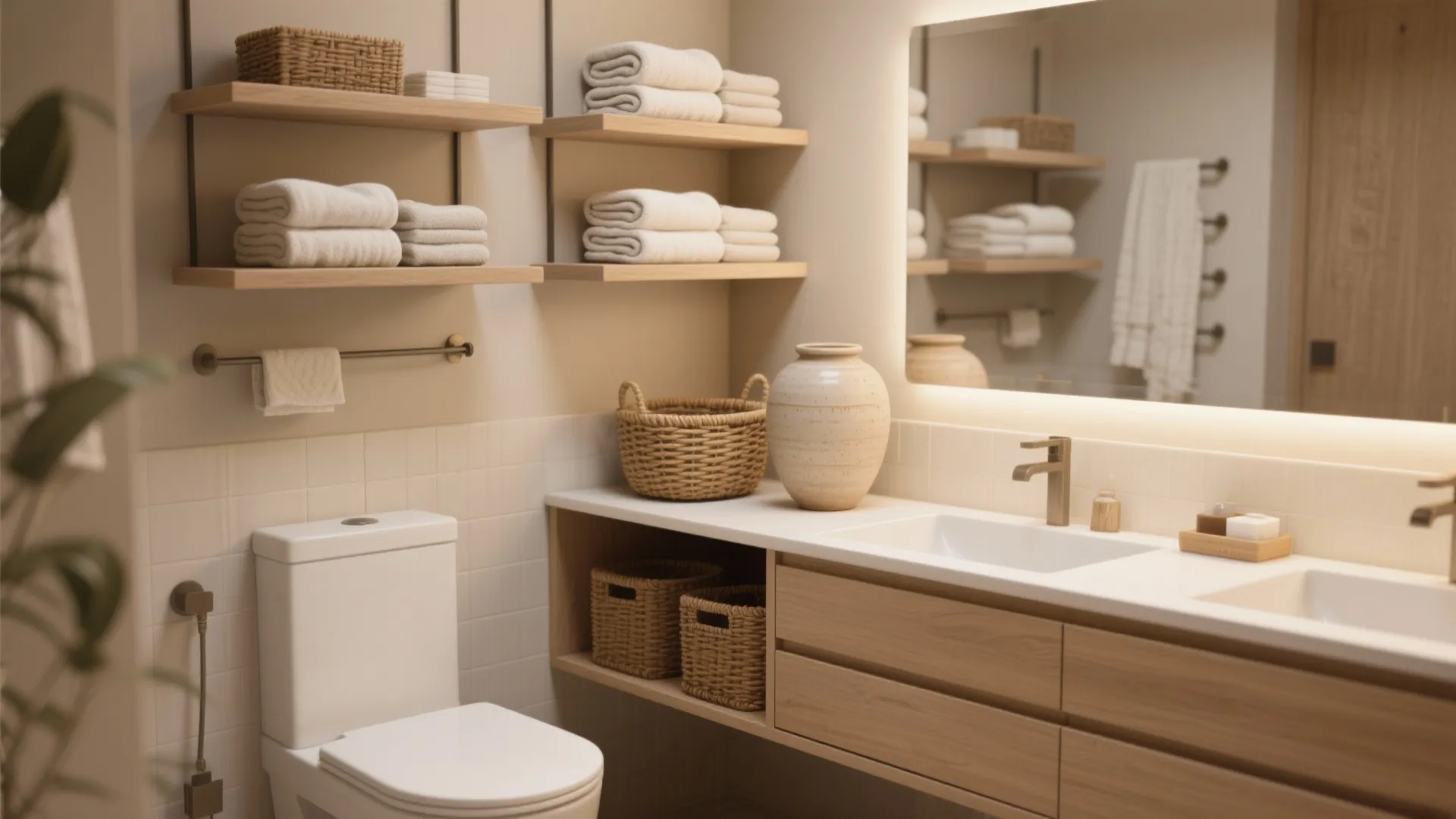 Clean bathroom with organized wooden shelves holding towels and baskets next to a white double sink