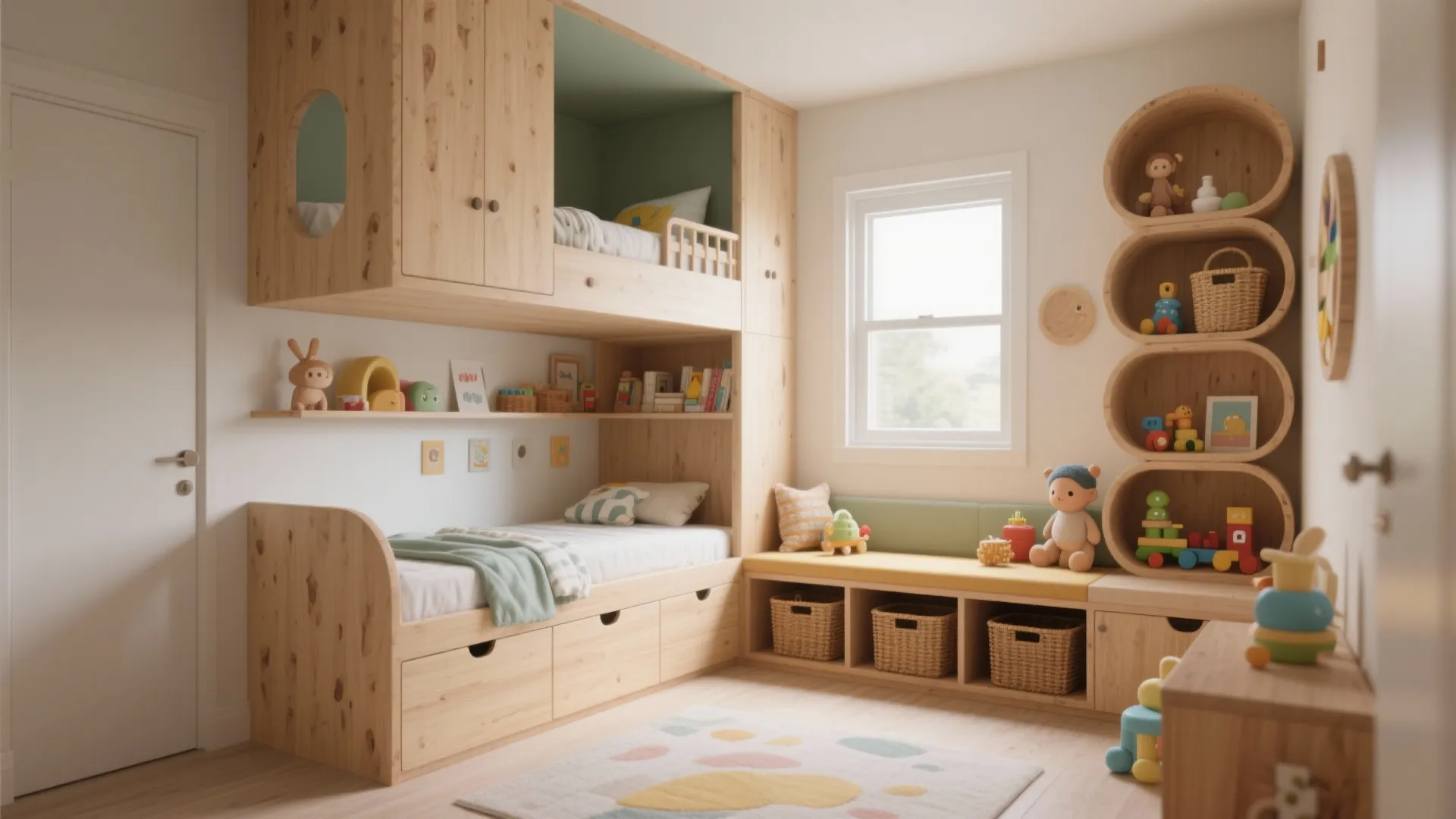 Small room with loft bed, built-in drawers and bench seating with hidden cubbies.