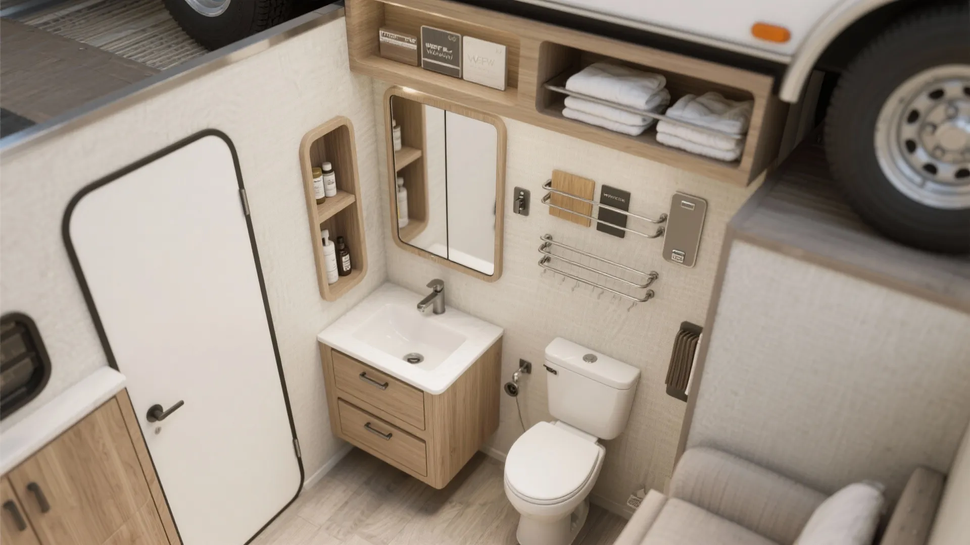 Flatlay of recessed cabinets, toe-kick drawers and a slim linen cubby for RV bathroom storage ideas.
