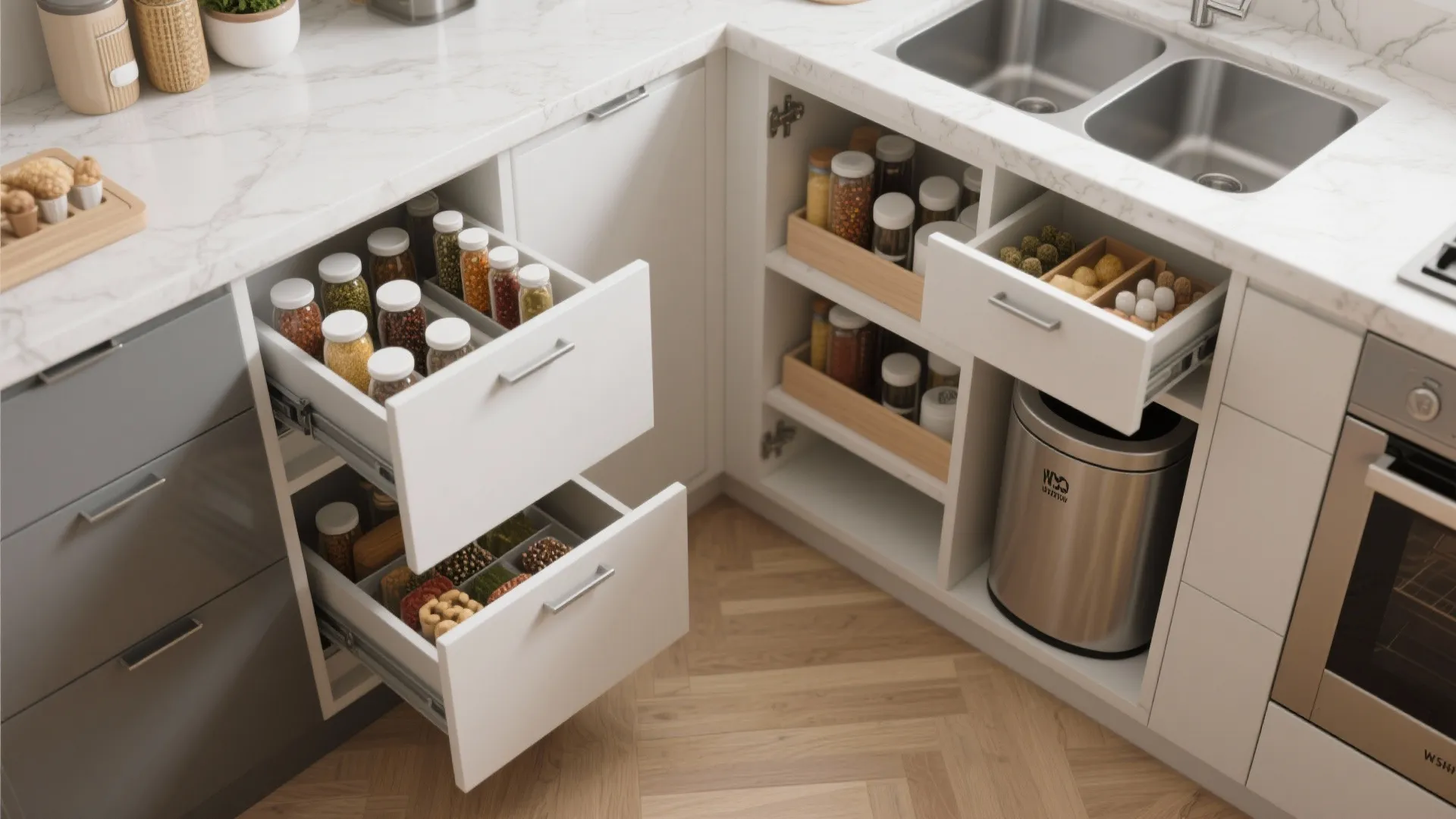 Open kitchen drawers and cabinet showing organized spice jars storage containers and stainless steel sink