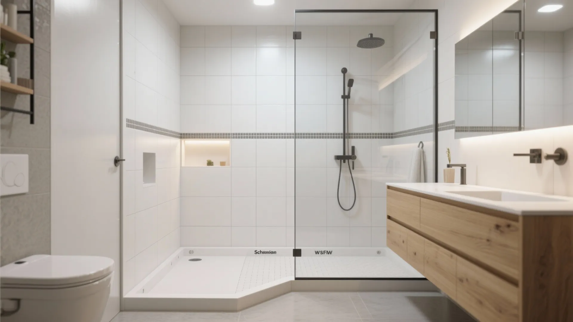 Click-and-lock modular shower bases with tiled walls