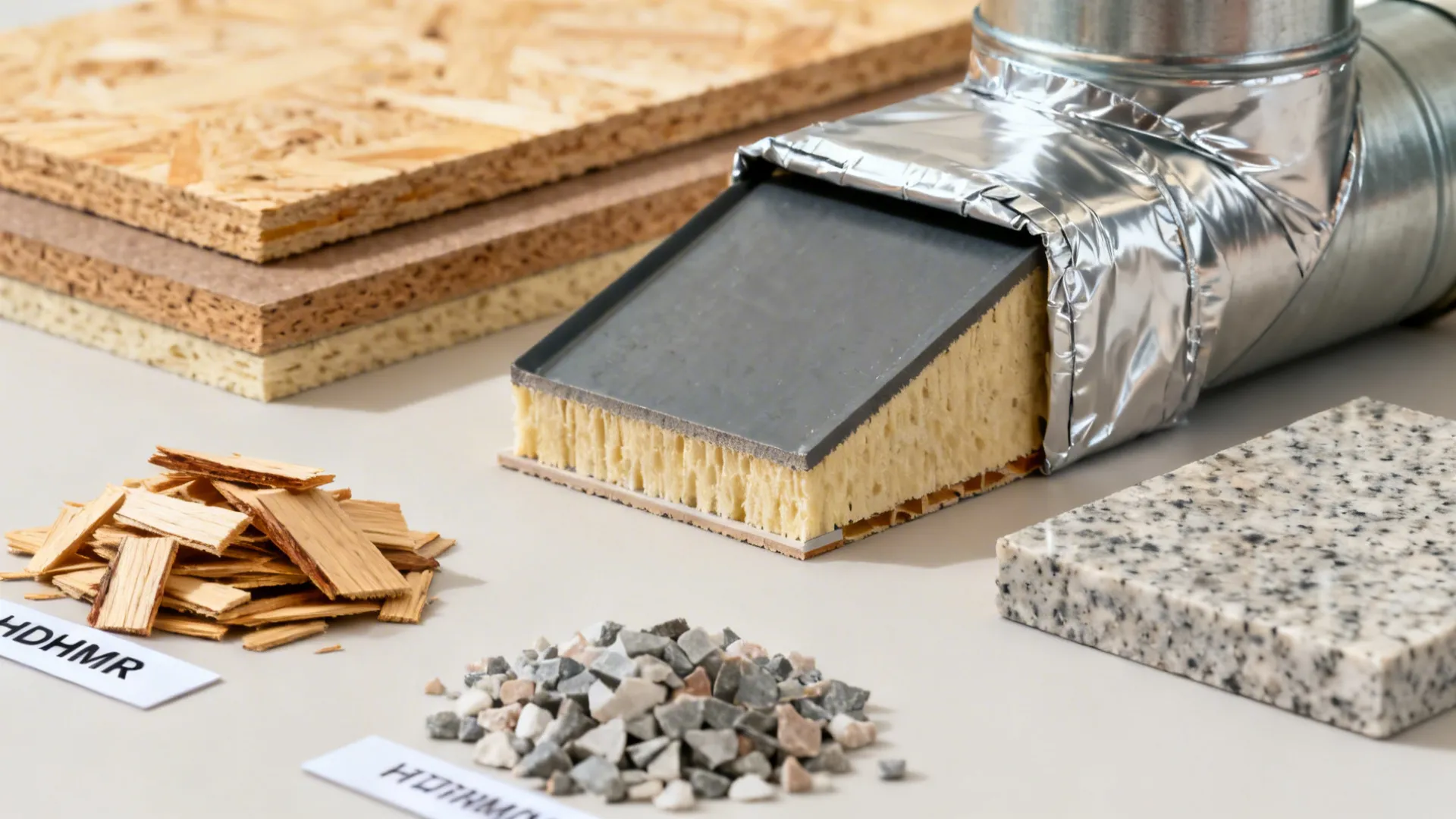 Macro comparison of board types, sealed chimney duct section, and quartz versus granite chips.