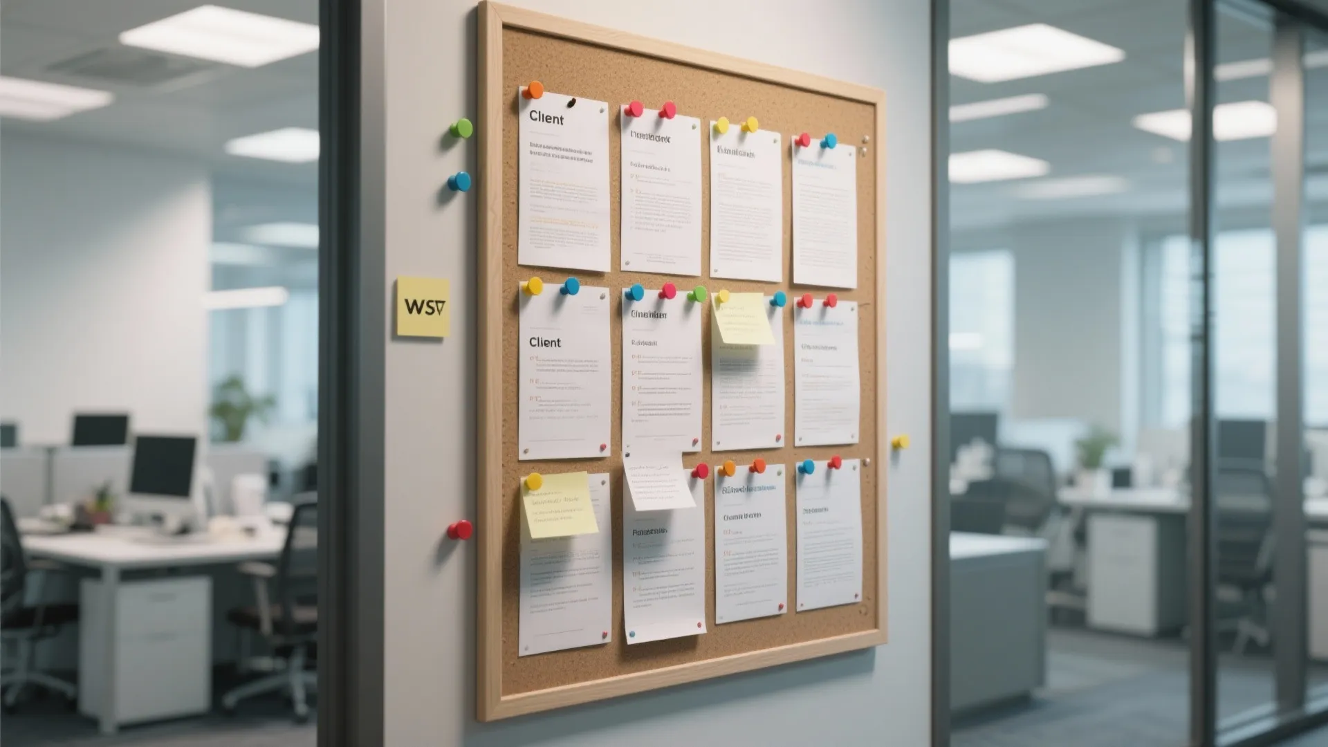 Office cork board with pinned papers and colorful magnets showing client feedback in a modern workplace