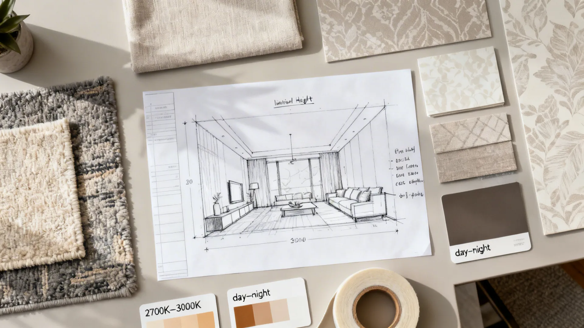 Top-down flatlay of room sketches, swatches, wallpaper samples, and lighting tests for design decisions.