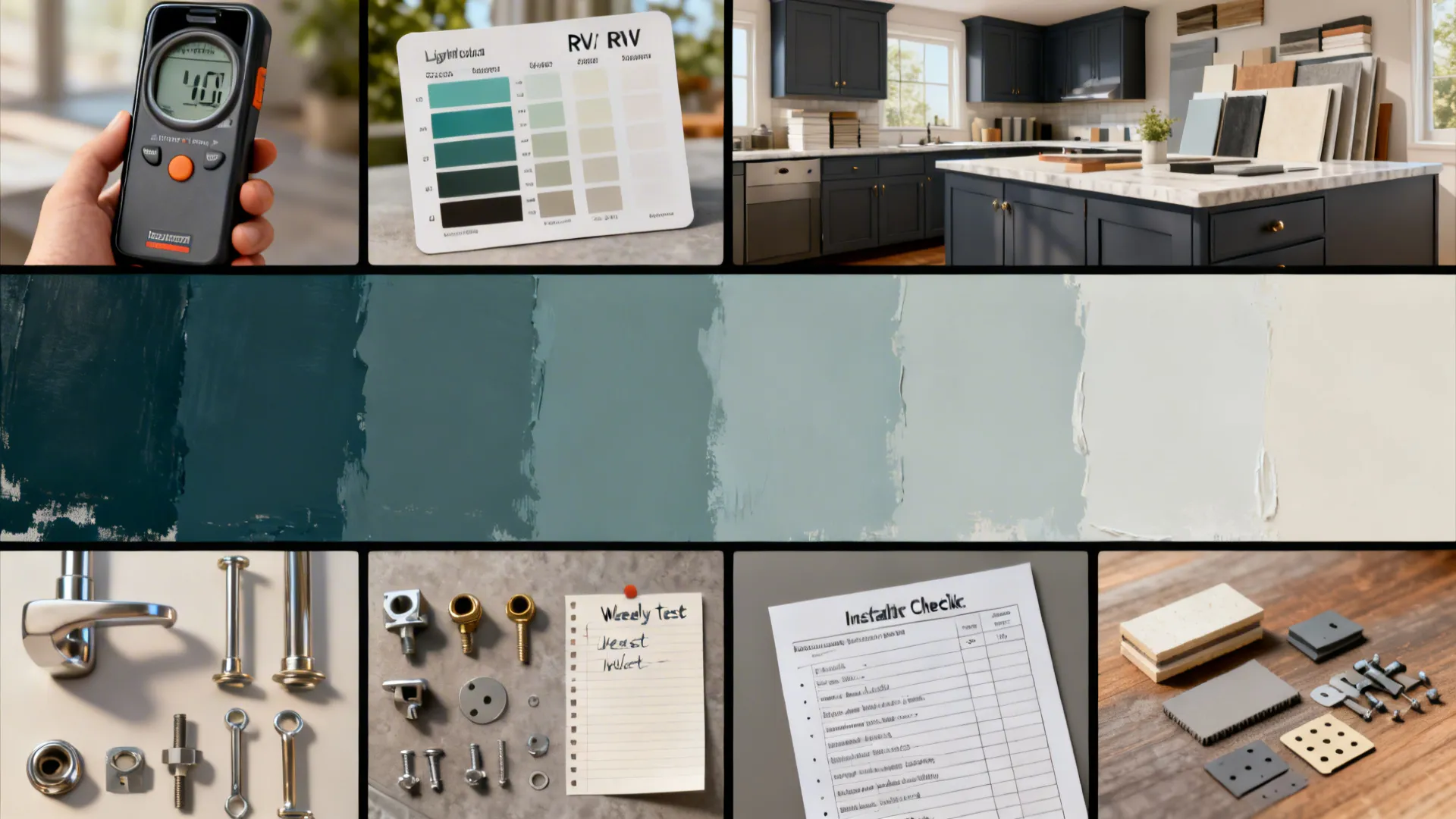 Sequential flat lay of lighting tools, LRV cards, samples, swatches, and hardware